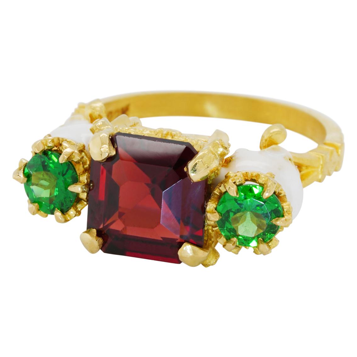 Square Cut Catacomb Saints Garland Ring in 22 Karat Gold with Red and Tsavorite Garnets