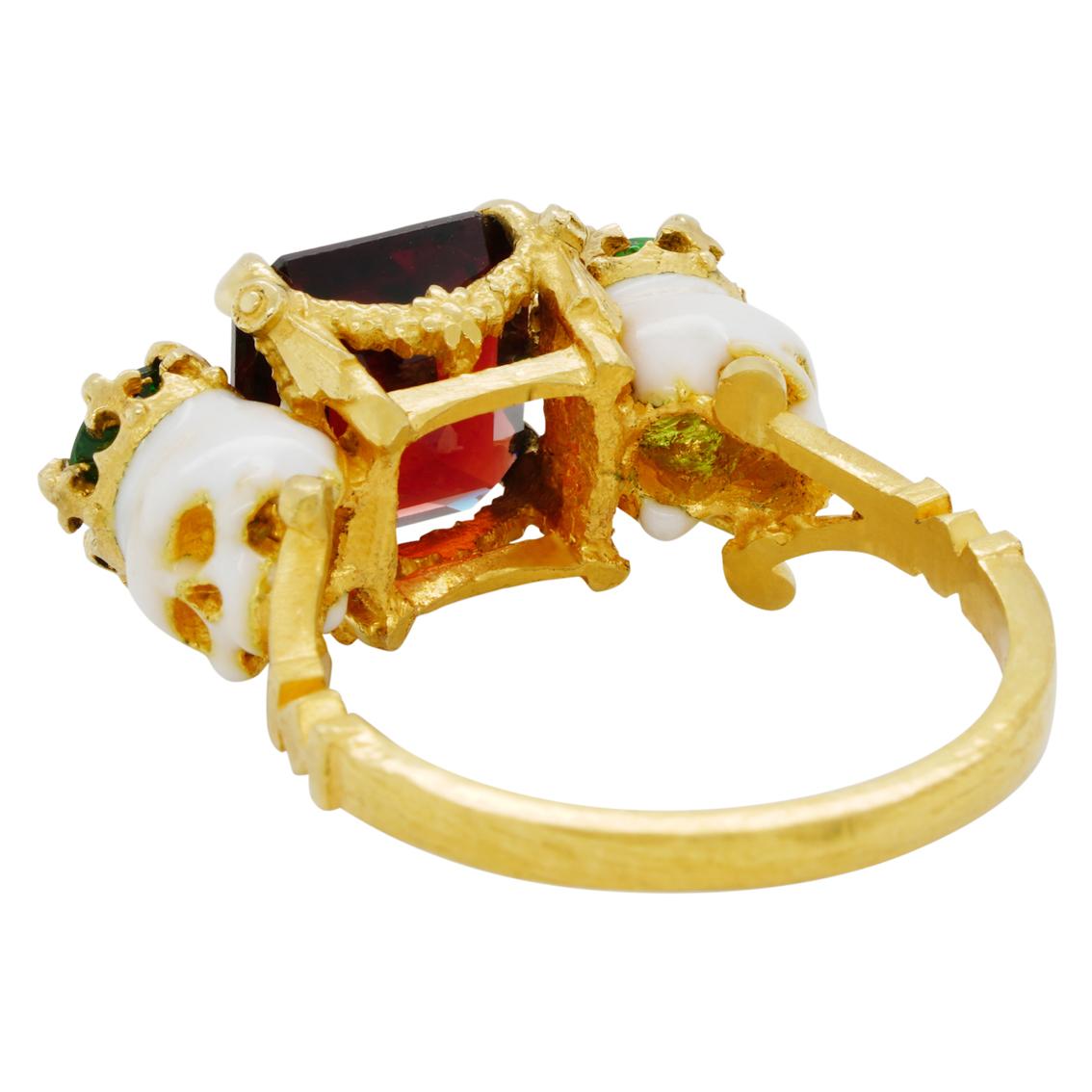 Women's or Men's Catacomb Saints Garland Ring in 22 Karat Gold with Red and Tsavorite Garnets