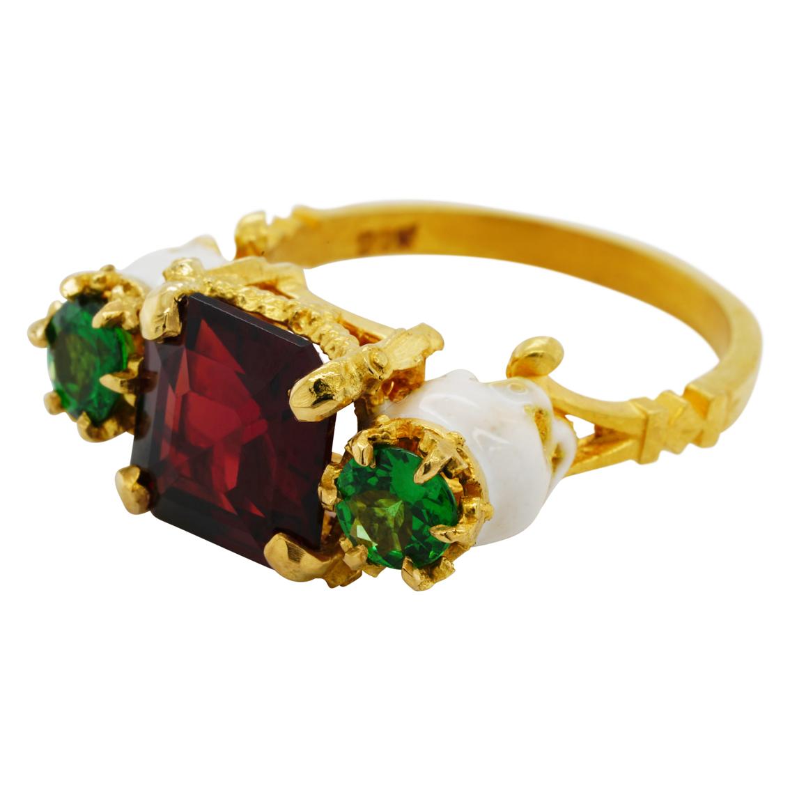 Catacomb Saints Garland Ring in 22 Karat Gold with Red and Tsavorite Garnets 1