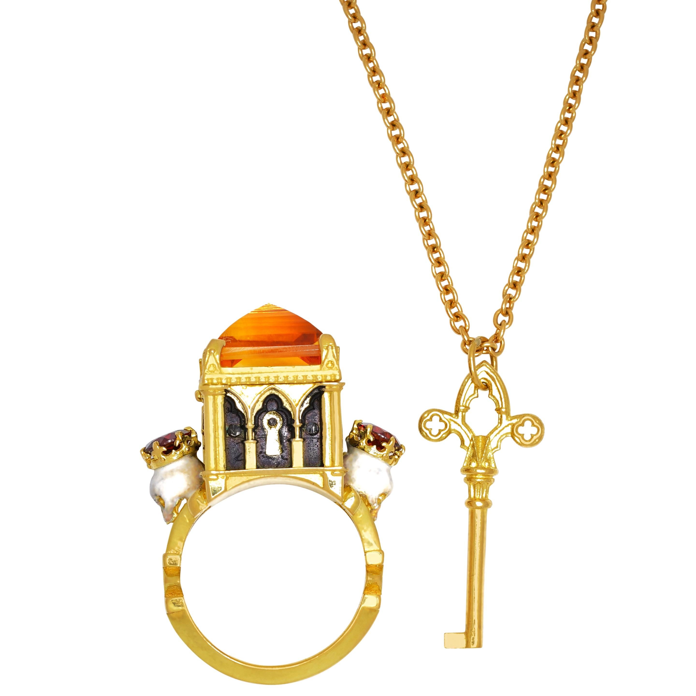 Baroque Catacomb Saints Poison Chamber Ring in 18 Karat Gold with Citrine and Garnets