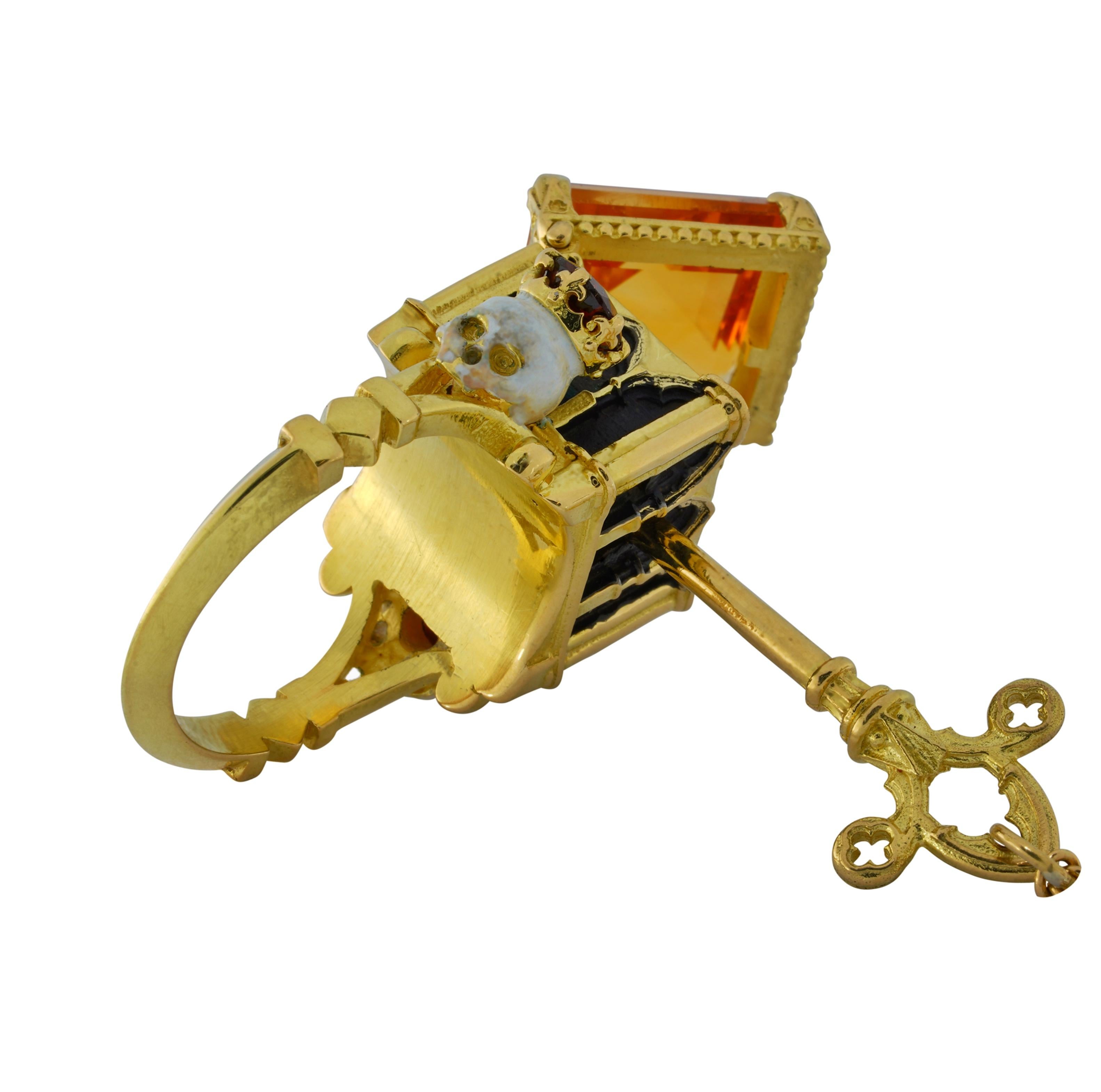 Square Cut Catacomb Saints Poison Chamber Ring in 18 Karat Gold with Citrine and Garnets