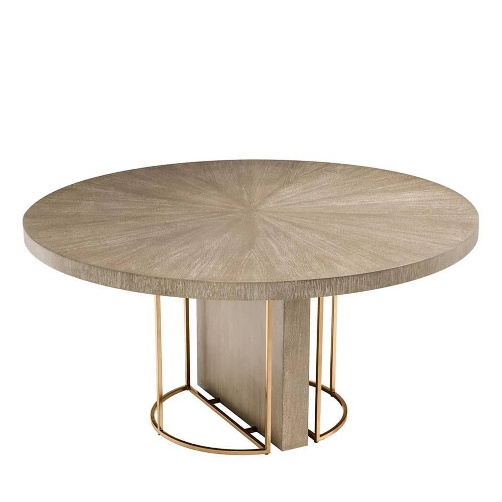 Indonesian Catalaga Round Dinning Table in Washed Oak Veneer and Brass