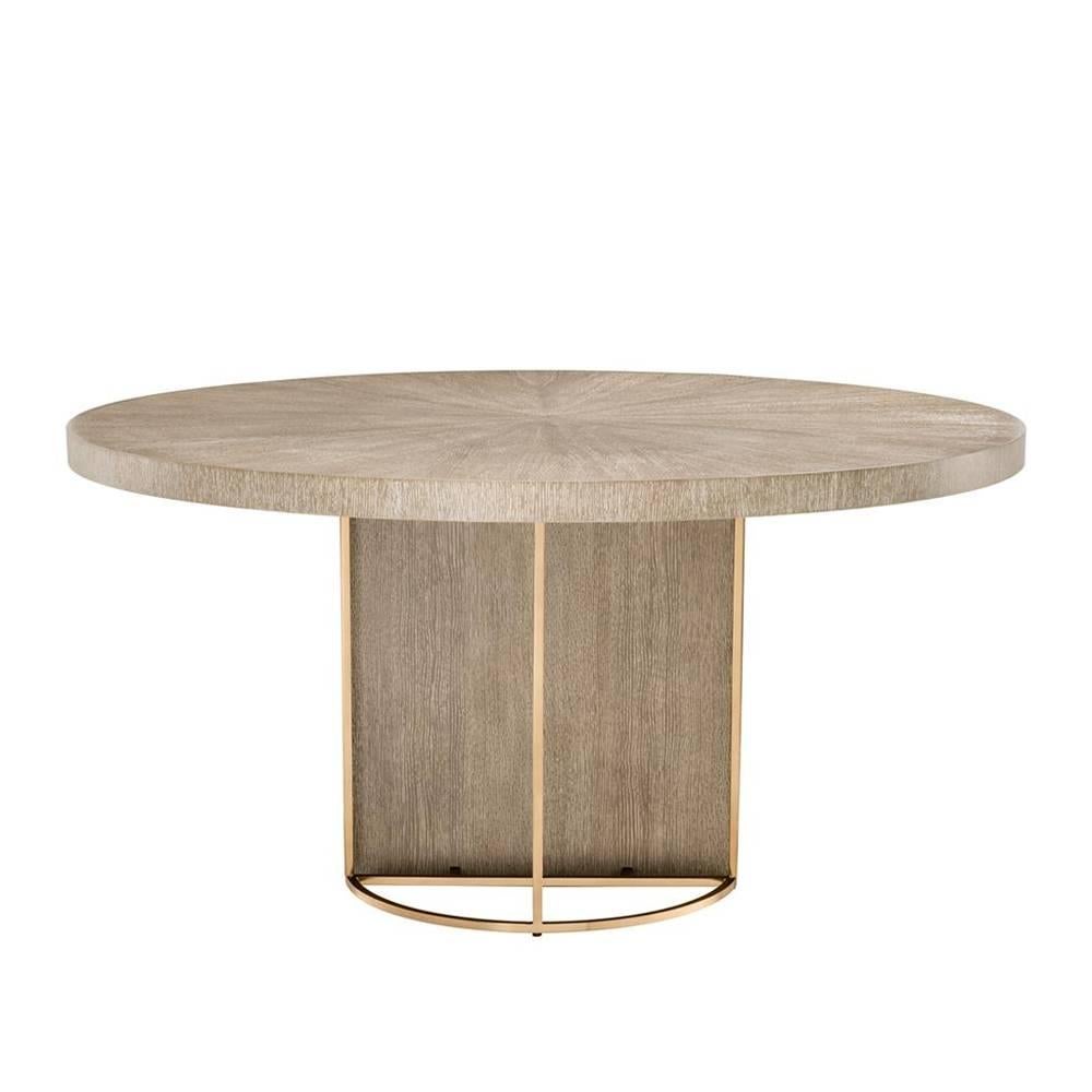 Brushed Catalaga Round Dinning Table in Washed Oak Veneer and Brass