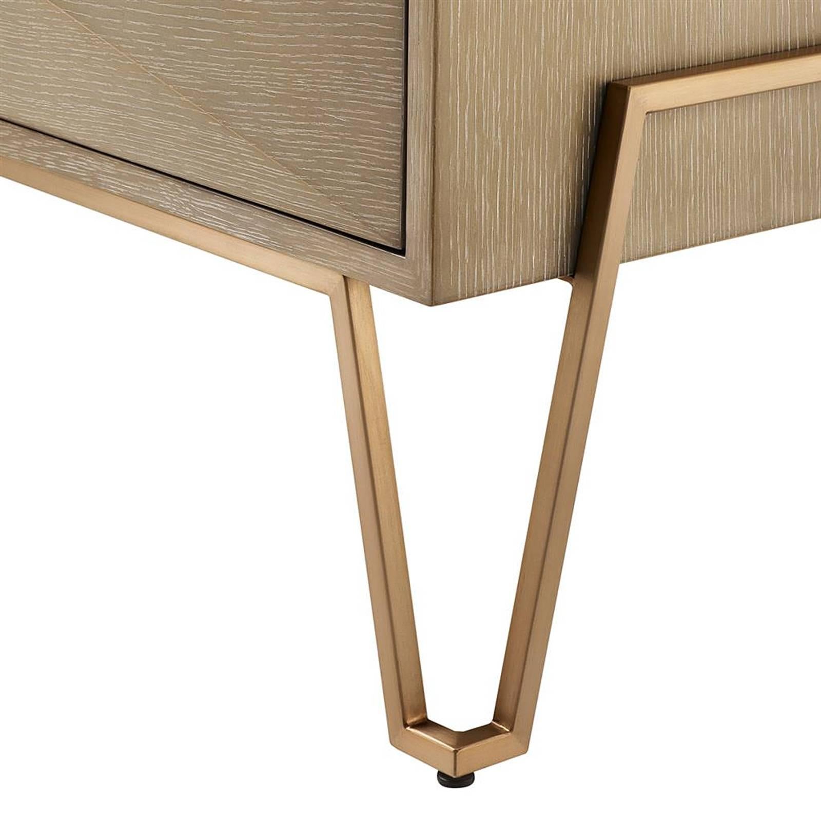Brushed Catalaga Side Table or Nightstand in Washed Oak Veneer and Brass For Sale