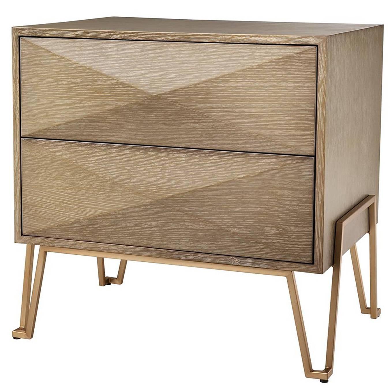 Catalaga Side Table or Nightstand in Washed Oak Veneer and Brass