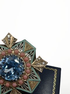 Catalan Art Deco Brooch in Silver with Enamel and Faceted Crystal, Spain