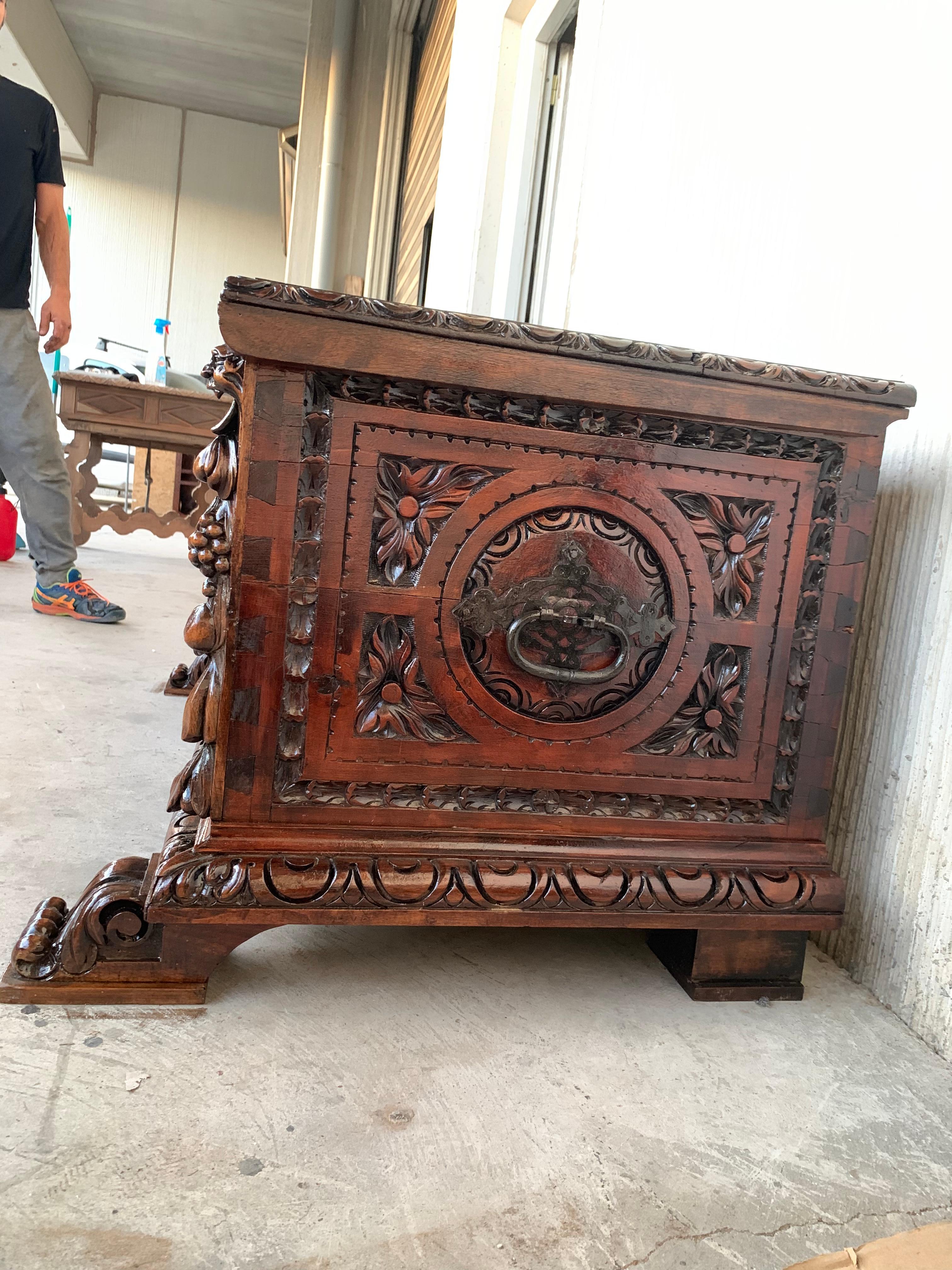 Spanish Catalan Baroque Carved Walnut Cassone or Trunk, 18th Century For Sale