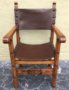 Catalan, Colonial Spanish Carved Armchair with Leather, 19th Century