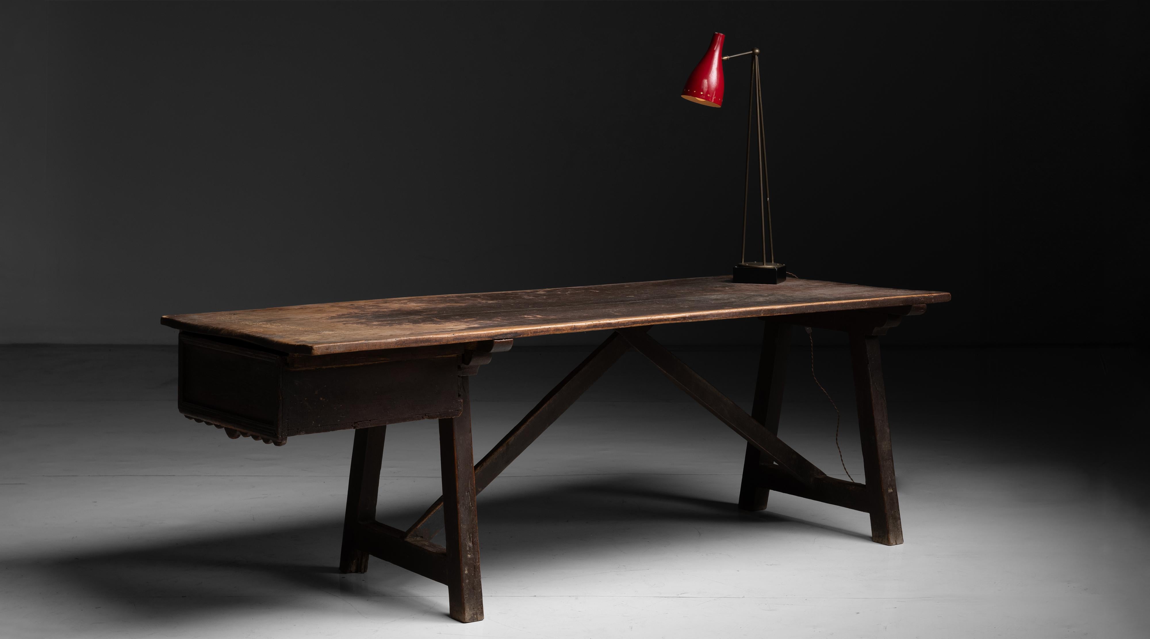 Catalan Farm Table

Spain circa 1790

Worn top with A frame stretchers and original dough proving drawer.

93”L x 37”d x 32”h