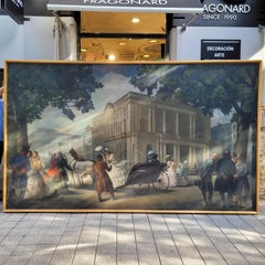 Quadro di grandi dimensioni della Scuola Catalana  "La passeggiata" Olio su tela, stile romantico