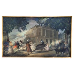 Antique Catalan School Large Painting  "The Walk" Oil on canvas , Romantic style