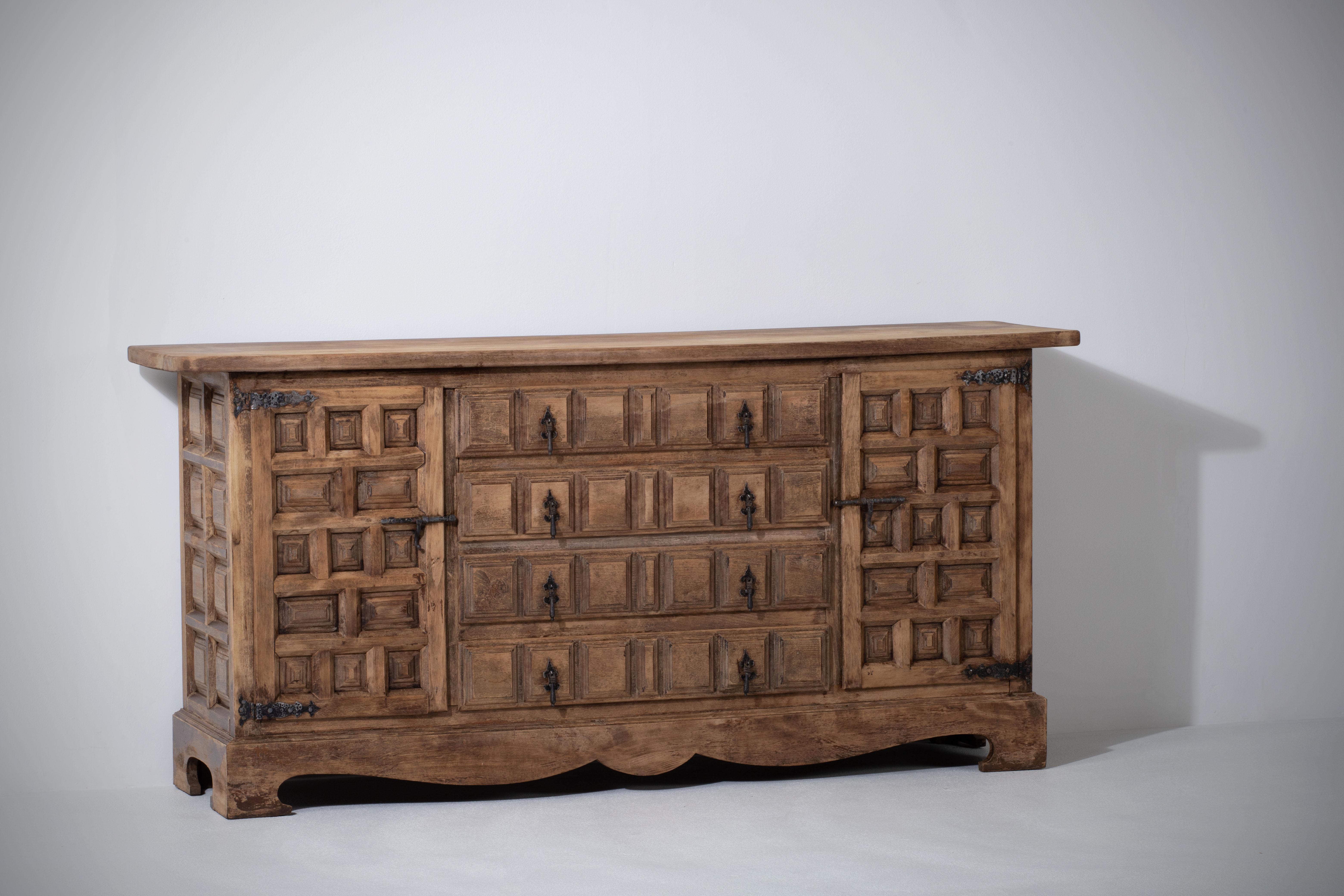 Hand-Carved Catalan Spanish Baroque Carved Walnut Tuscan Credenza or Buffet