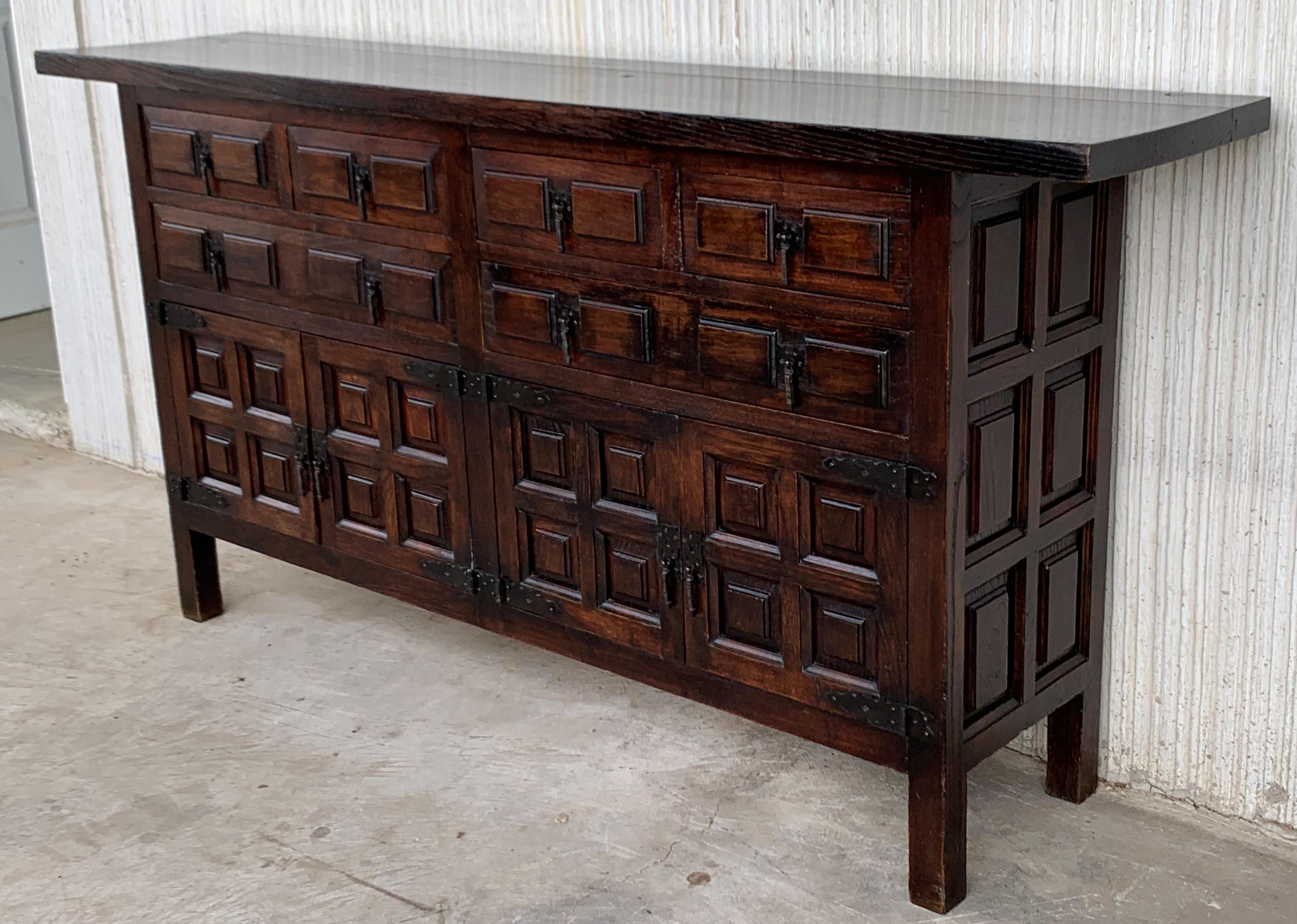 Iron Catalan Spanish Baroque Carved Walnut Tuscan Six Drawers Credenza or Buffet