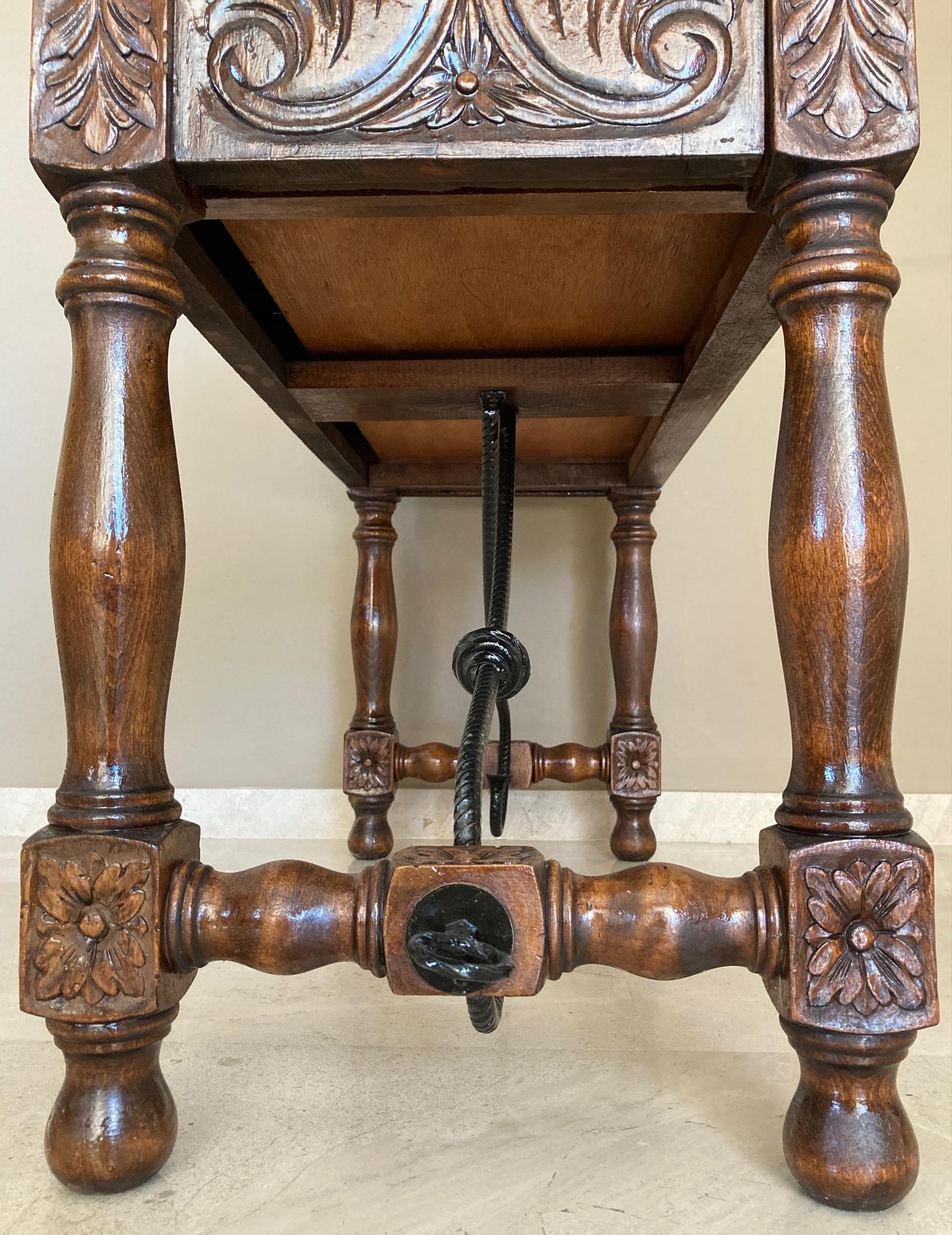 Catalan Spanish Carved Walnut Console Sofa Table, Four Drawers & Iron Stretcher 4