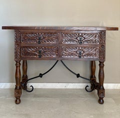 Catalan Spanish Carved Walnut Console Sofa Table, Four Drawers & Iron Stretcher