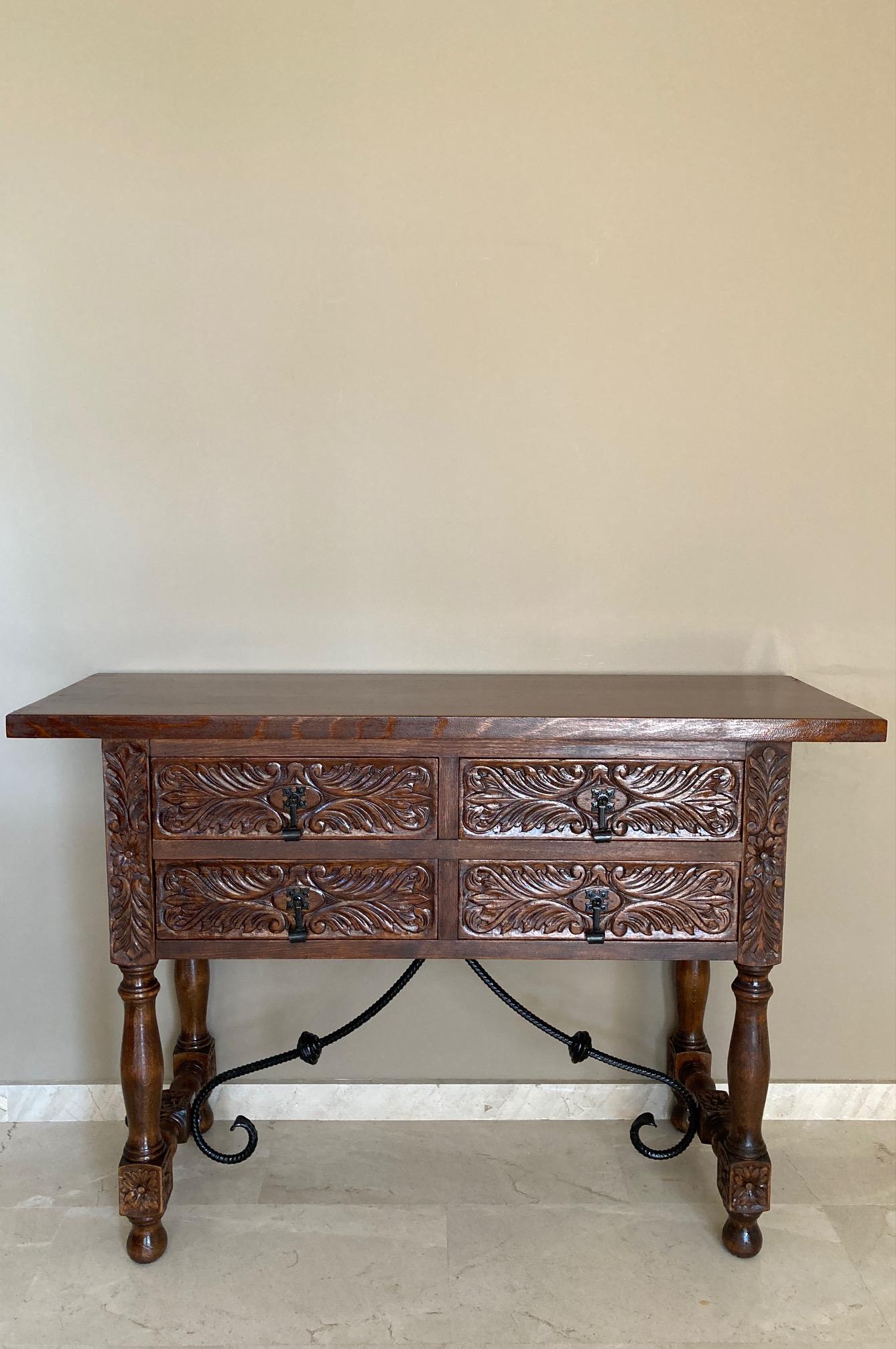 Baroque Revival Catalan Spanish Carved Walnut Console Sofa Table, Four Drawers & Iron Stretcher