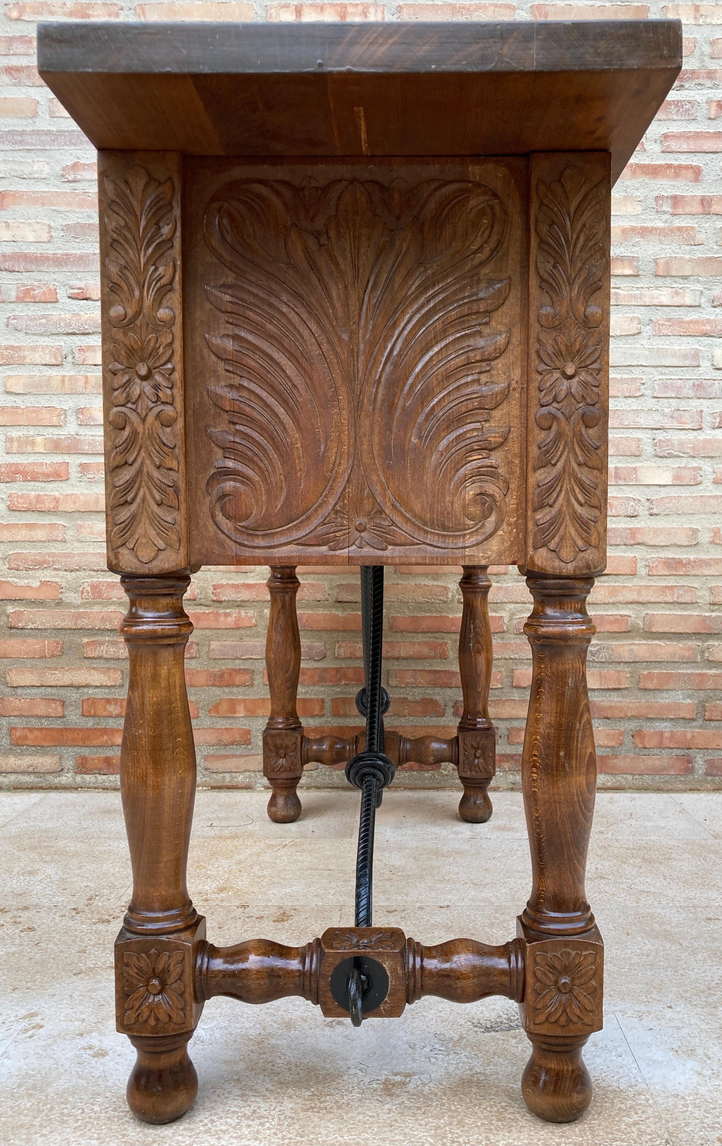 Baroque Catalan Spanish Carved Walnut Console Sofa Table, Four Drawers & Iron Stretcher