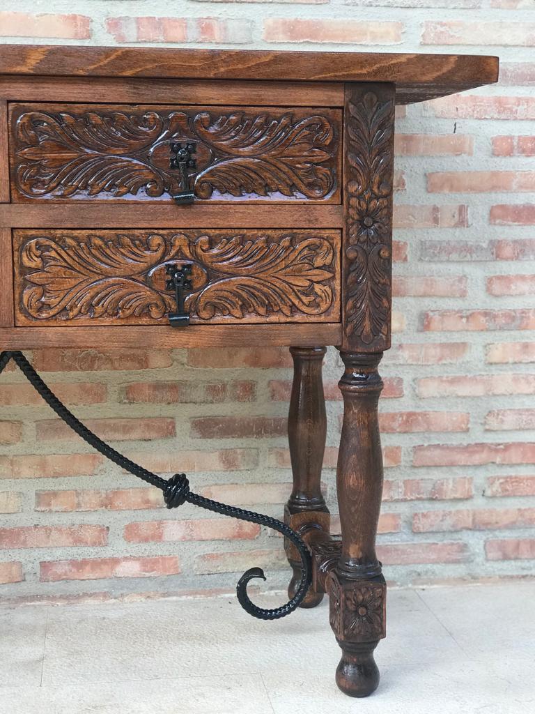Baroque Revival Catalan Spanish Carved Walnut Console Sofa Table, Four Drawers & Iron Stretcher