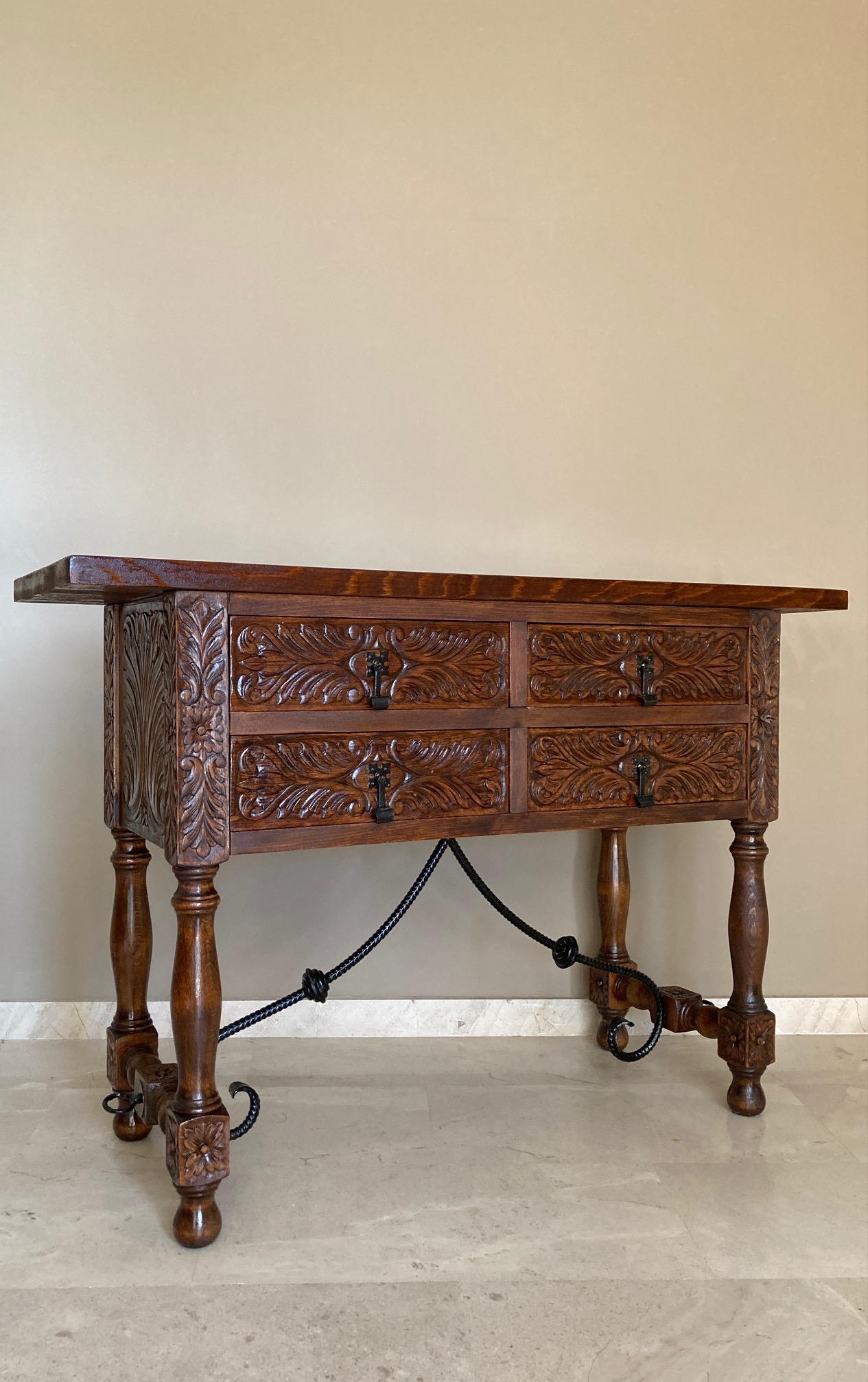 Hand-Carved Catalan Spanish Carved Walnut Console Sofa Table, Four Drawers & Iron Stretcher