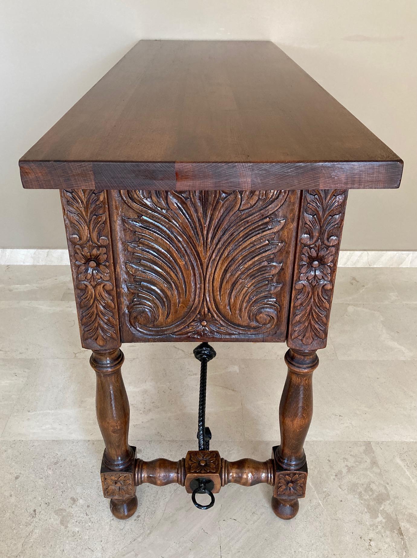 20th Century Catalan Spanish Carved Walnut Console Sofa Table, Four Drawers & Iron Stretcher