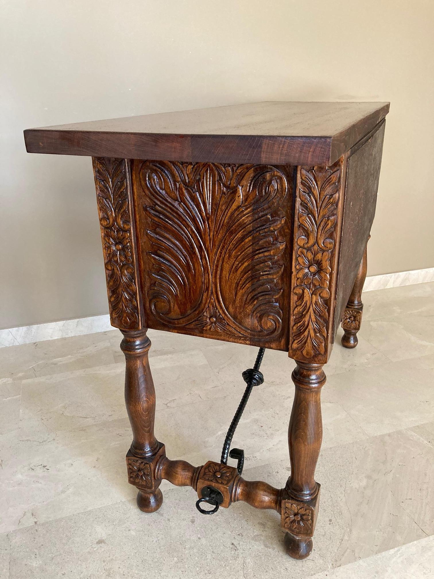 Catalan Spanish Carved Walnut Console Sofa Table, Four Drawers & Iron Stretcher 1