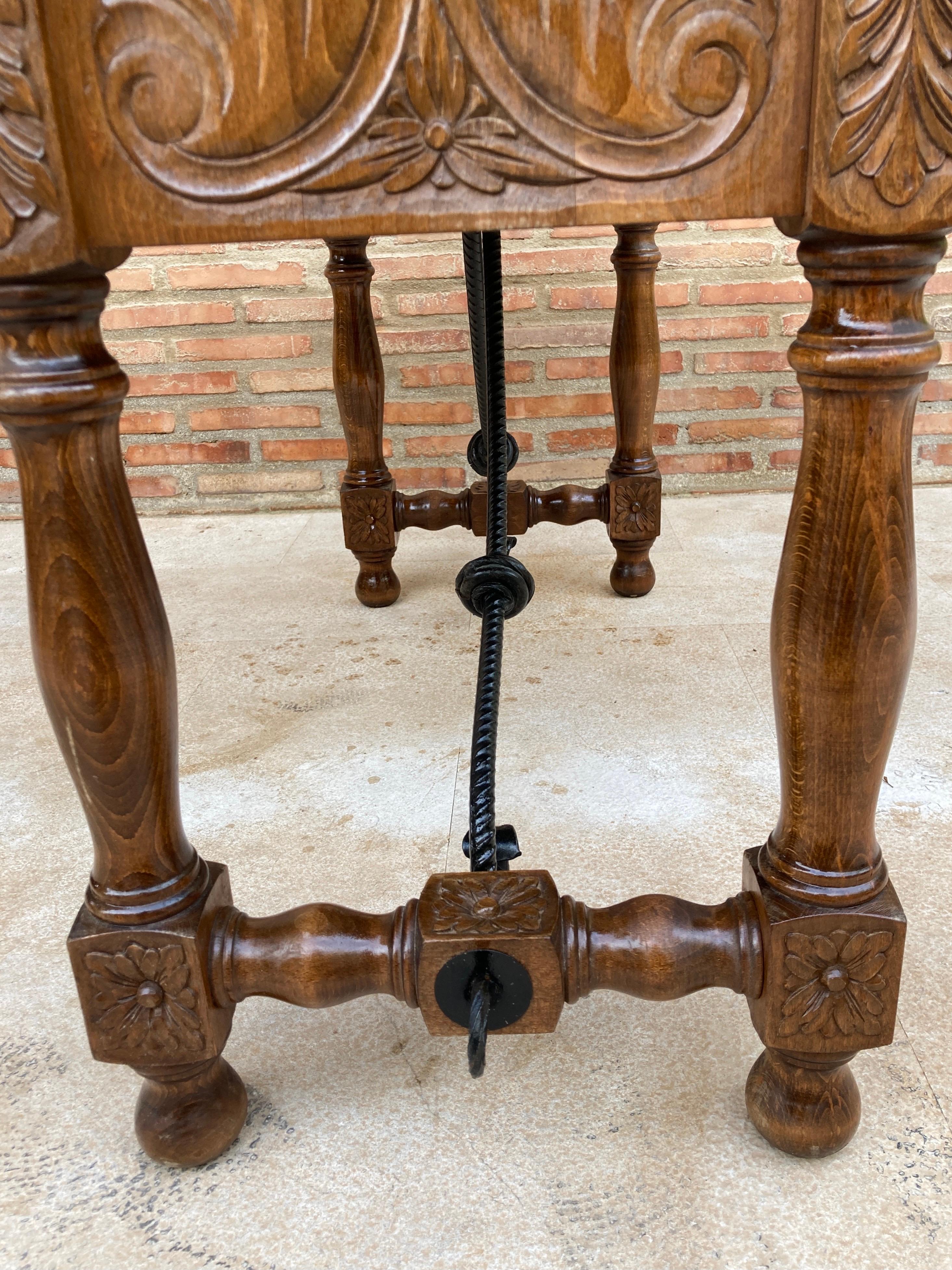 Catalan Spanish Carved Walnut Console Sofa Table, Four Drawers & Iron Stretcher 2