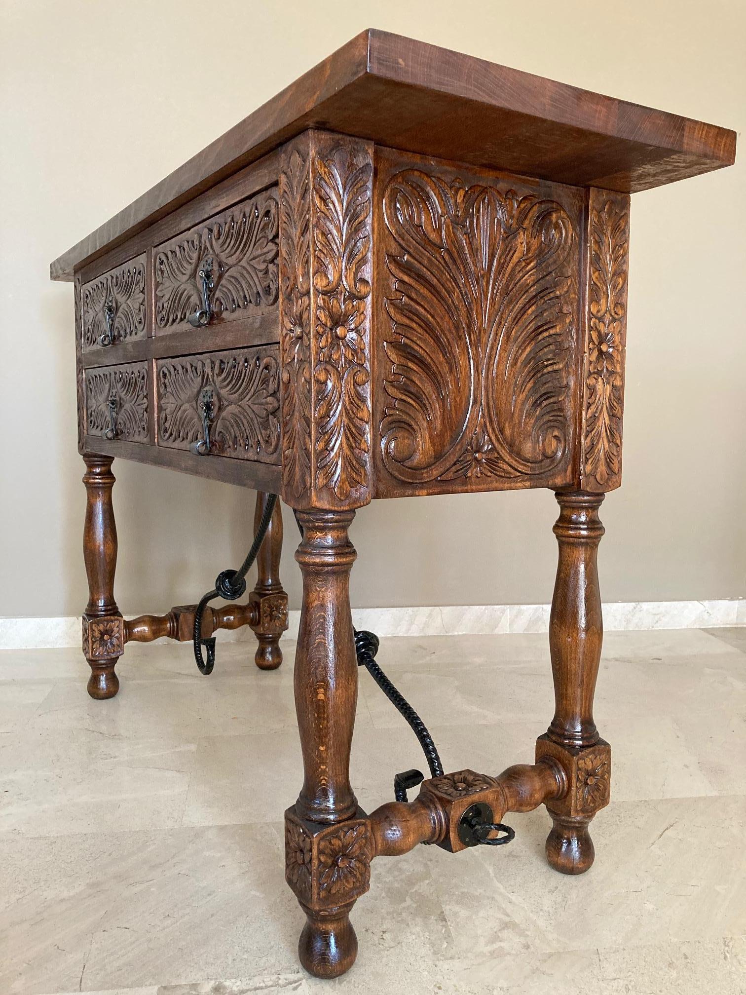 Catalan Spanish Carved Walnut Console Sofa Table, Four Drawers & Iron Stretcher 2