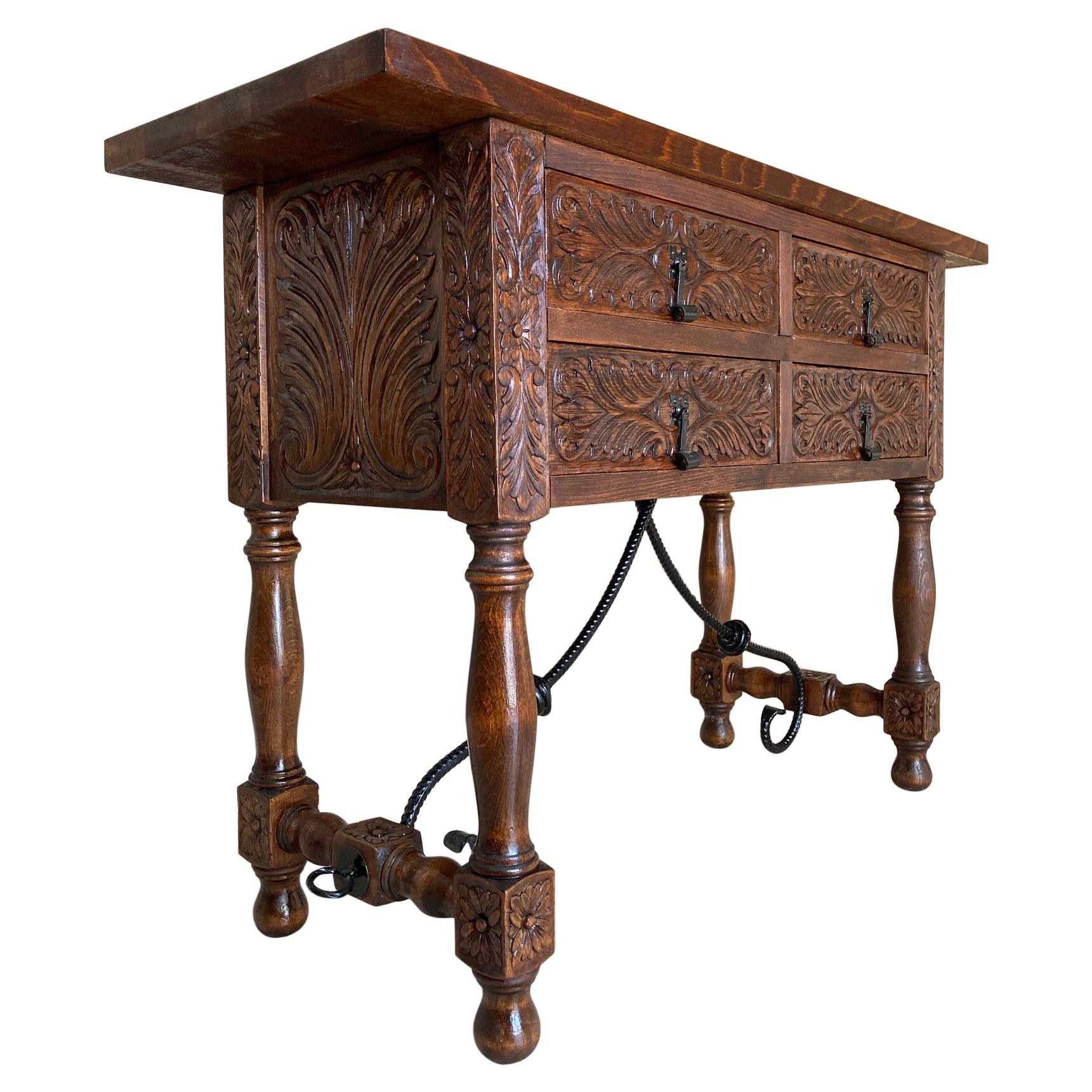 Catalan Spanish Carved Walnut Console Sofa Table, Four Drawers & Iron Stretcher