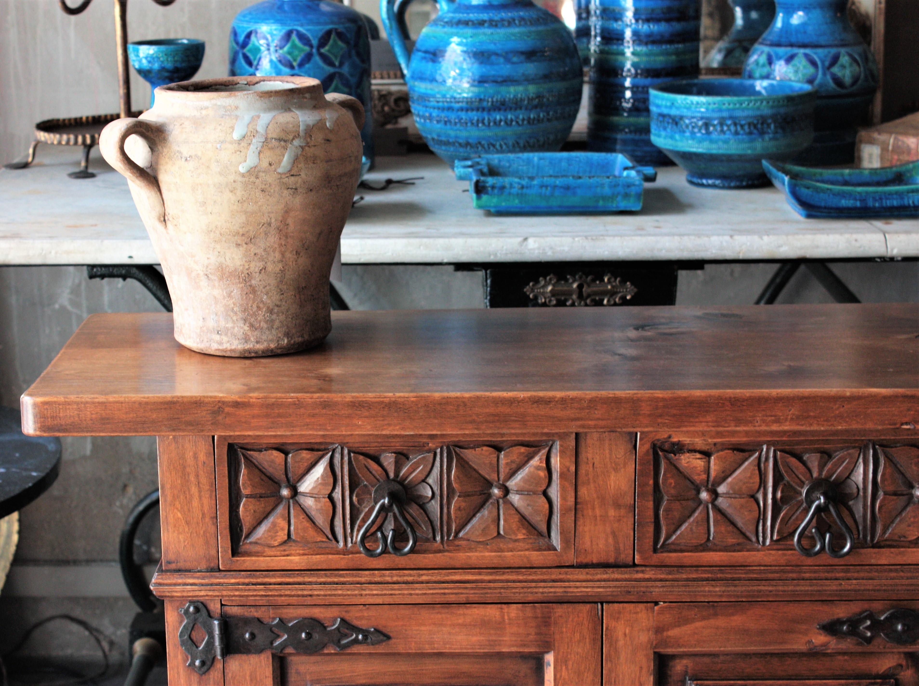 20th Century Catalan Spanish Carved Walnut Two-Drawer Credenza or Buffet