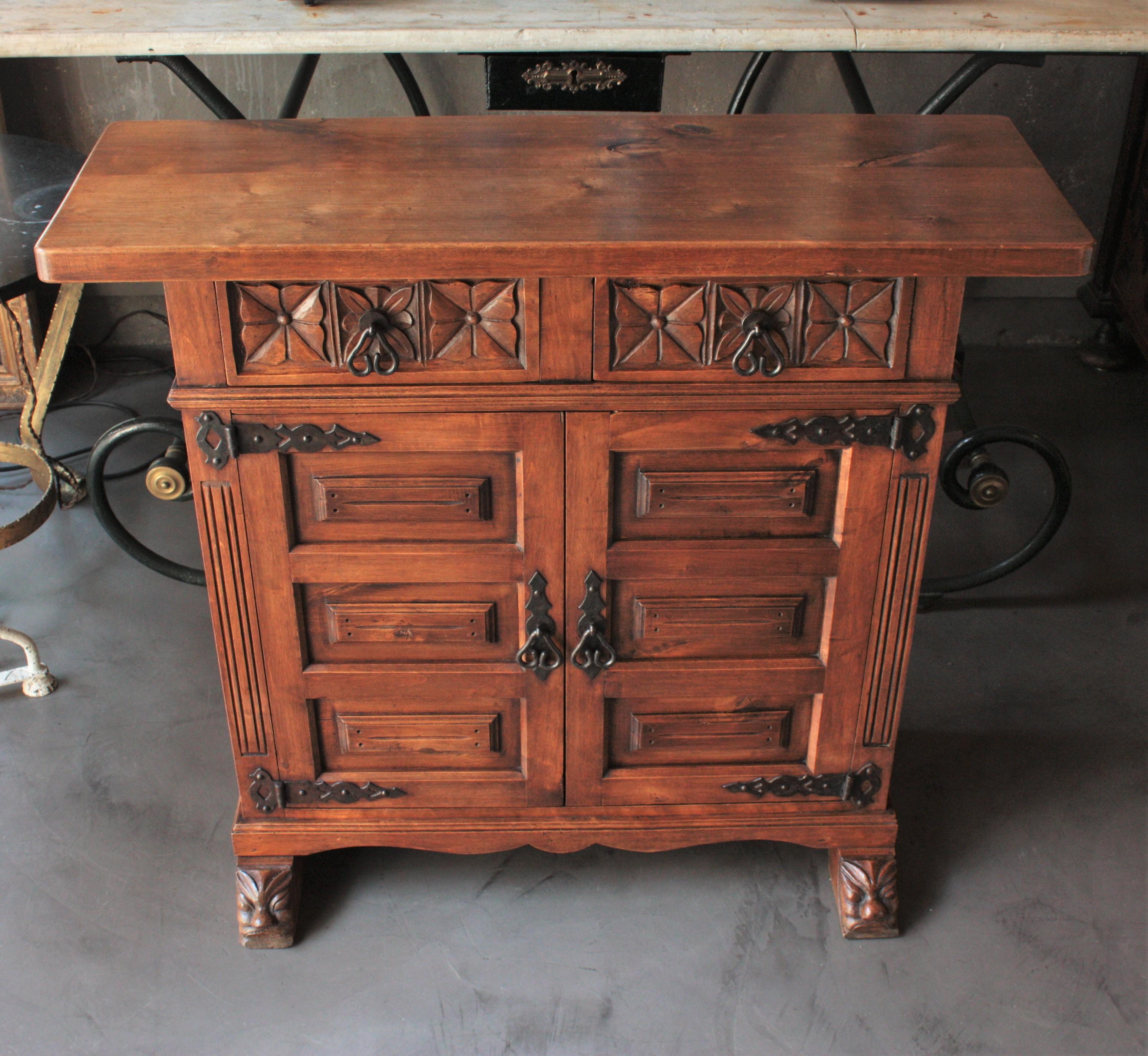 Iron Catalan Spanish Carved Walnut Two-Drawer Credenza or Buffet