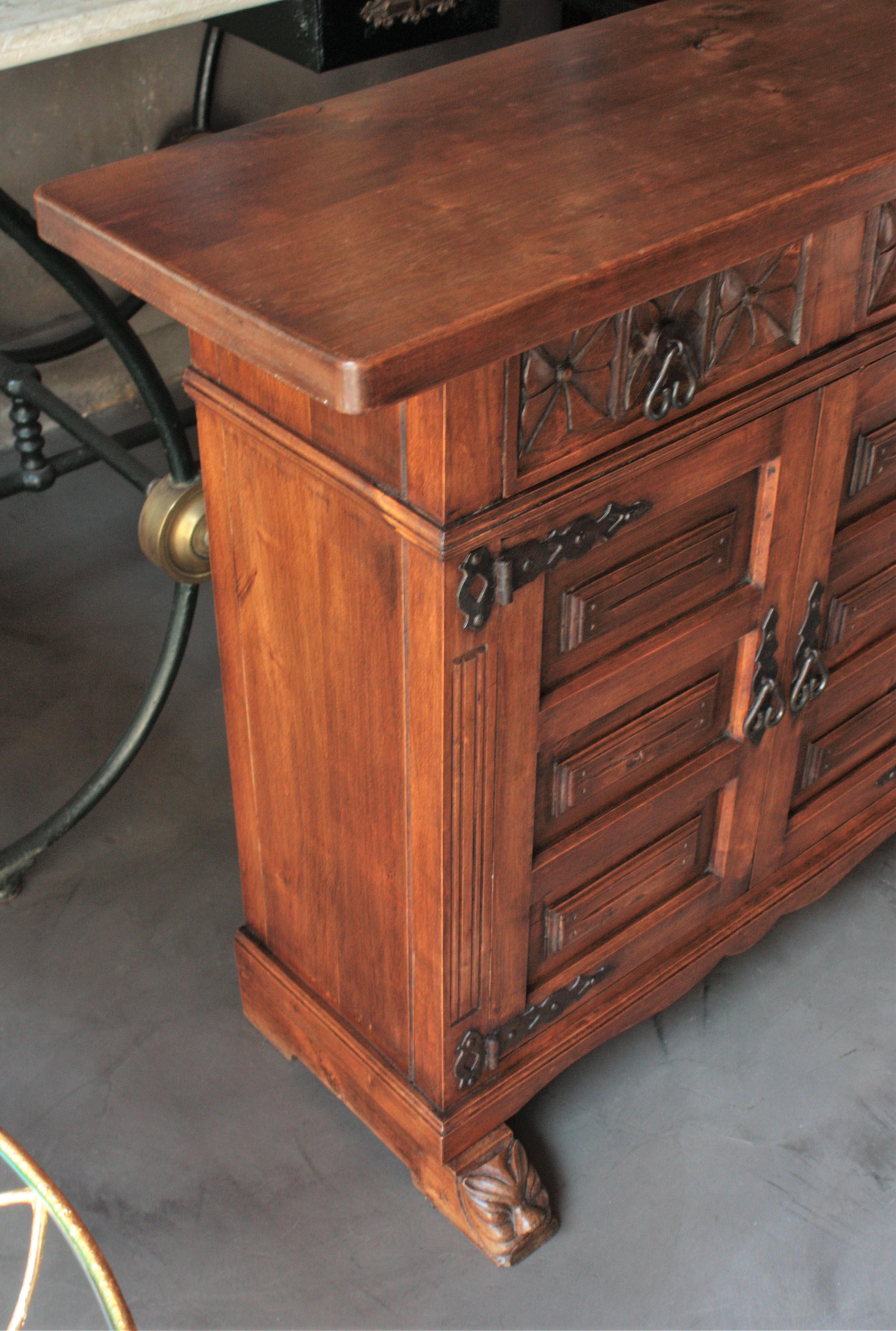 Catalan Spanish Carved Walnut Two-Drawer Credenza or Buffet 1