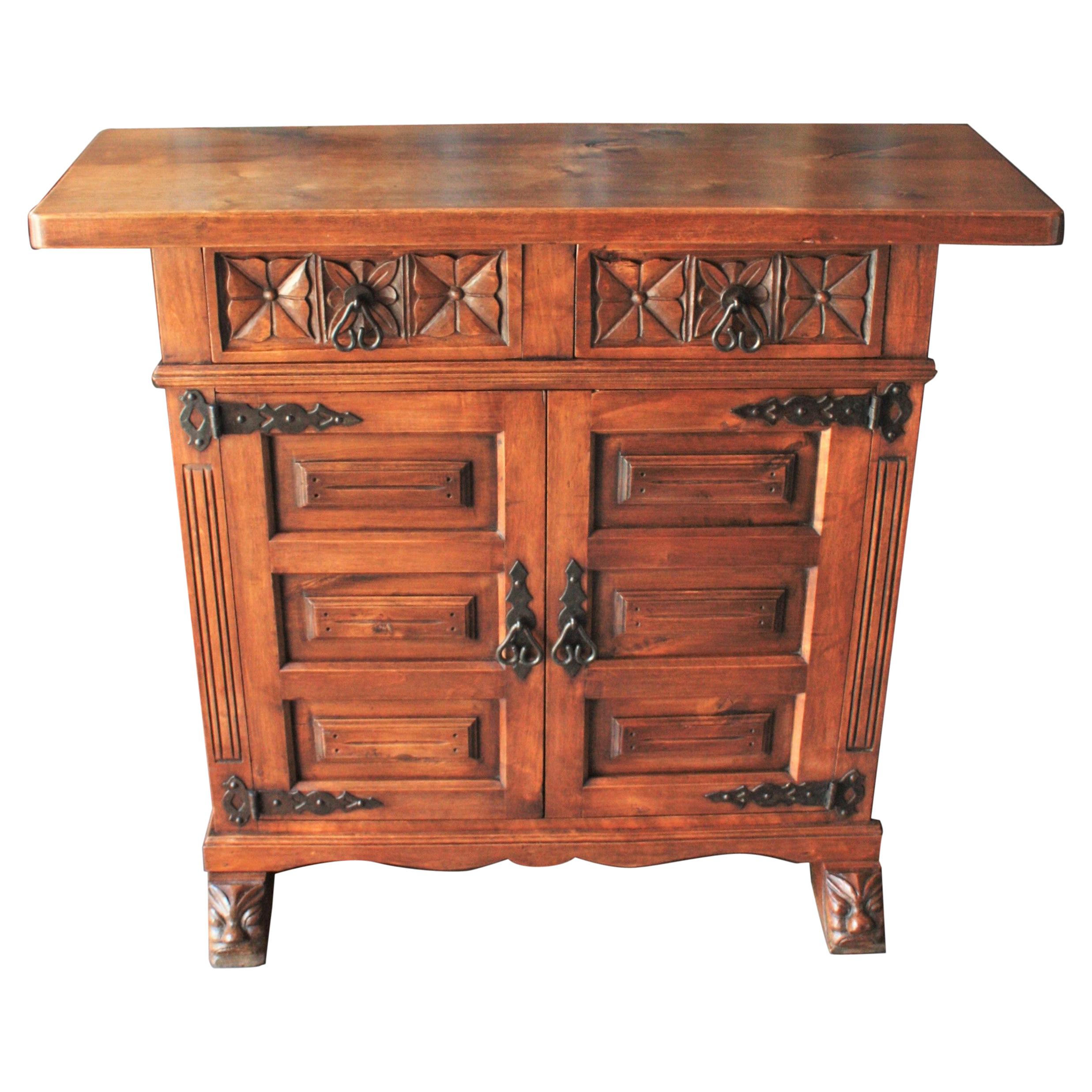 Catalan Spanish Carved Walnut Two-Drawer Credenza or Buffet