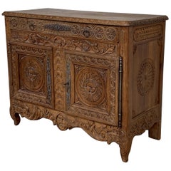 Catalan Spanish Hand Carved Baroque Oak Cabinet with Two Drawers and Two Doors