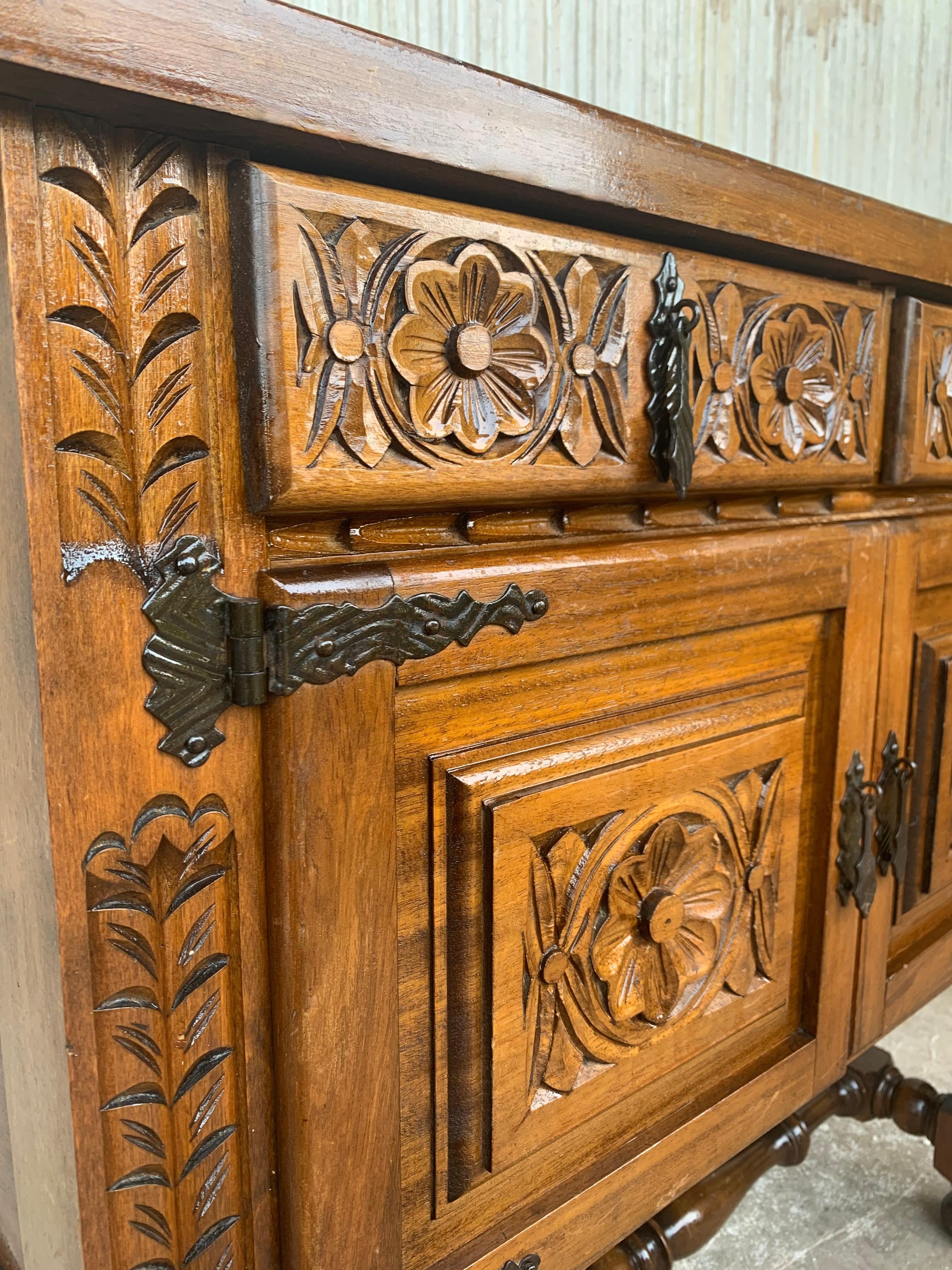 Walnut Catalan Spanish Hand Carved Cabinet with Two Doors and Two Drawers