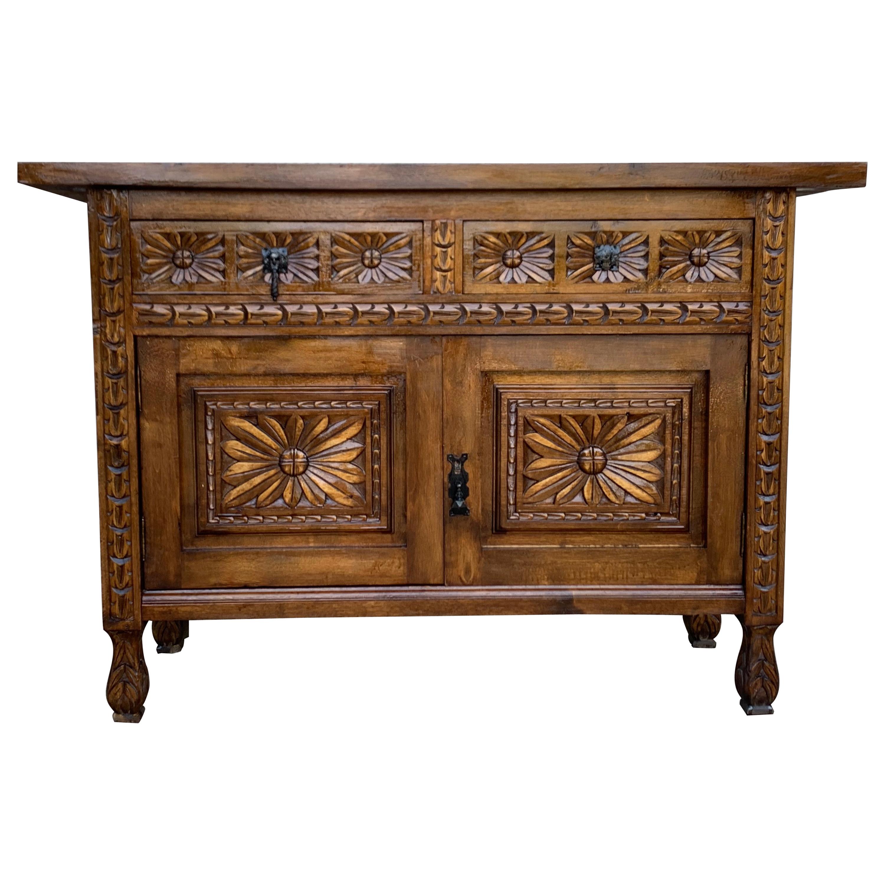 Catalan Spanish Hand Carved Cabinet with Two Doors and Two Drawers