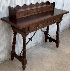 Catalan Spanish Lady Desk or Console Table in Carved Walnut and Iron Stretcher