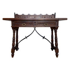 Antique Catalan Spanish Lady Desk or Console Table in Carved Walnut and Iron Stretcher