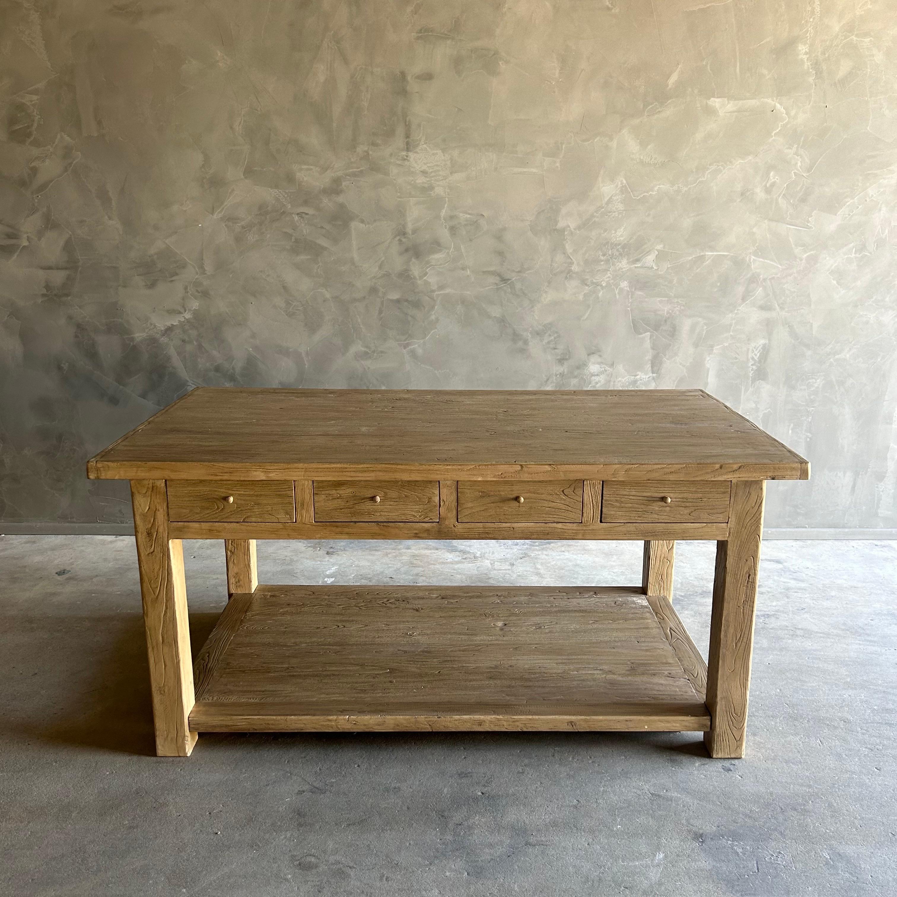 Catalina Reclaimed Elm Wood Kitchen Island in Natural and Removable Shelf In New Condition In Old Town Orange, CA