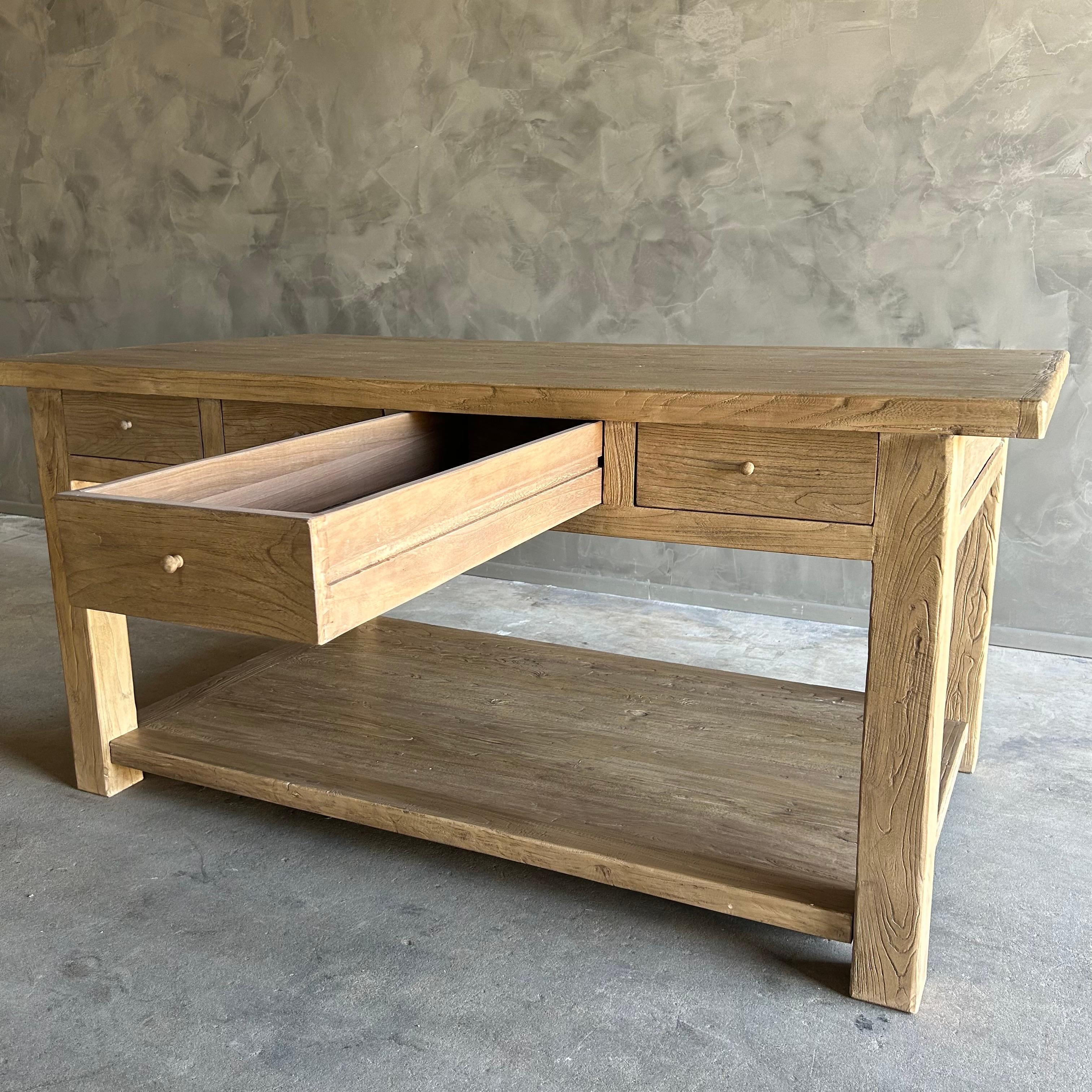 Contemporary Catalina Reclaimed Elm Wood Kitchen Island in Natural and Removable Shelf