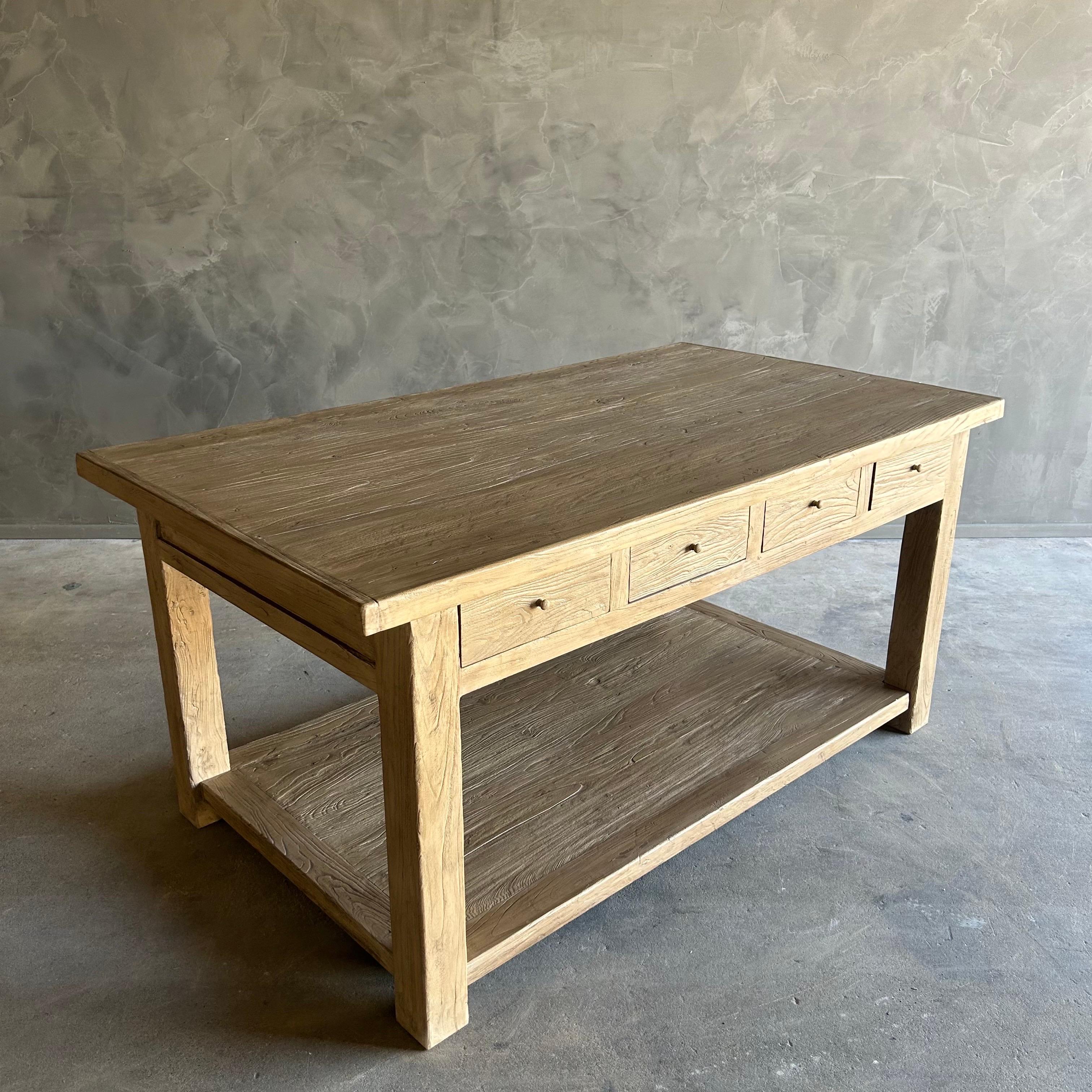Catalina Reclaimed Elm Wood Kitchen Island in Natural and Removable Shelf 3