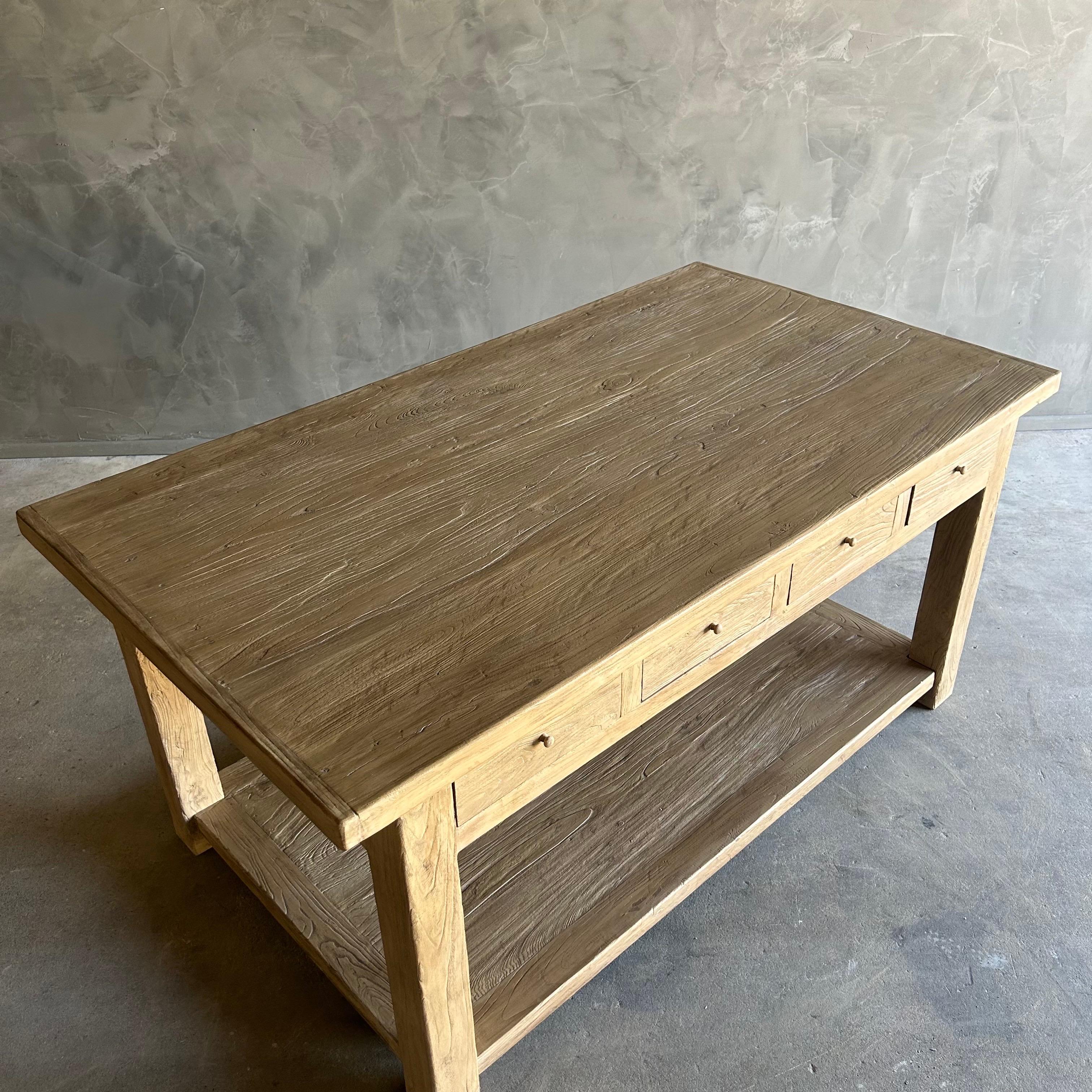 Catalina Reclaimed Elm Wood Kitchen Island in Natural and Removable Shelf For Sale 4