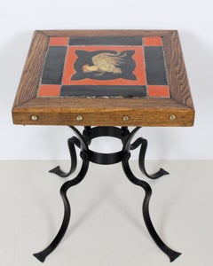 Catalina Style Oak, Iron & "Rooster" Inset Ceramic Tile Occasional Table, 1930s