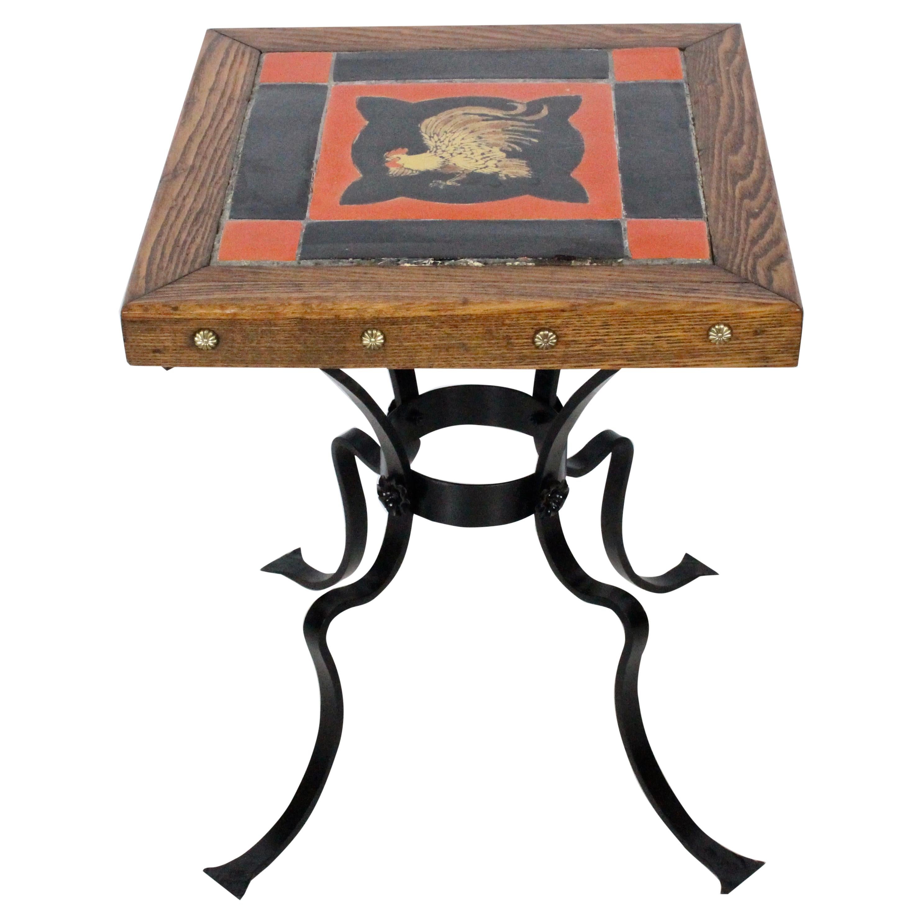 Catalina Style Oak, Ceramic and Wrought Iron "Rooster" Occasional Table, C. 1930