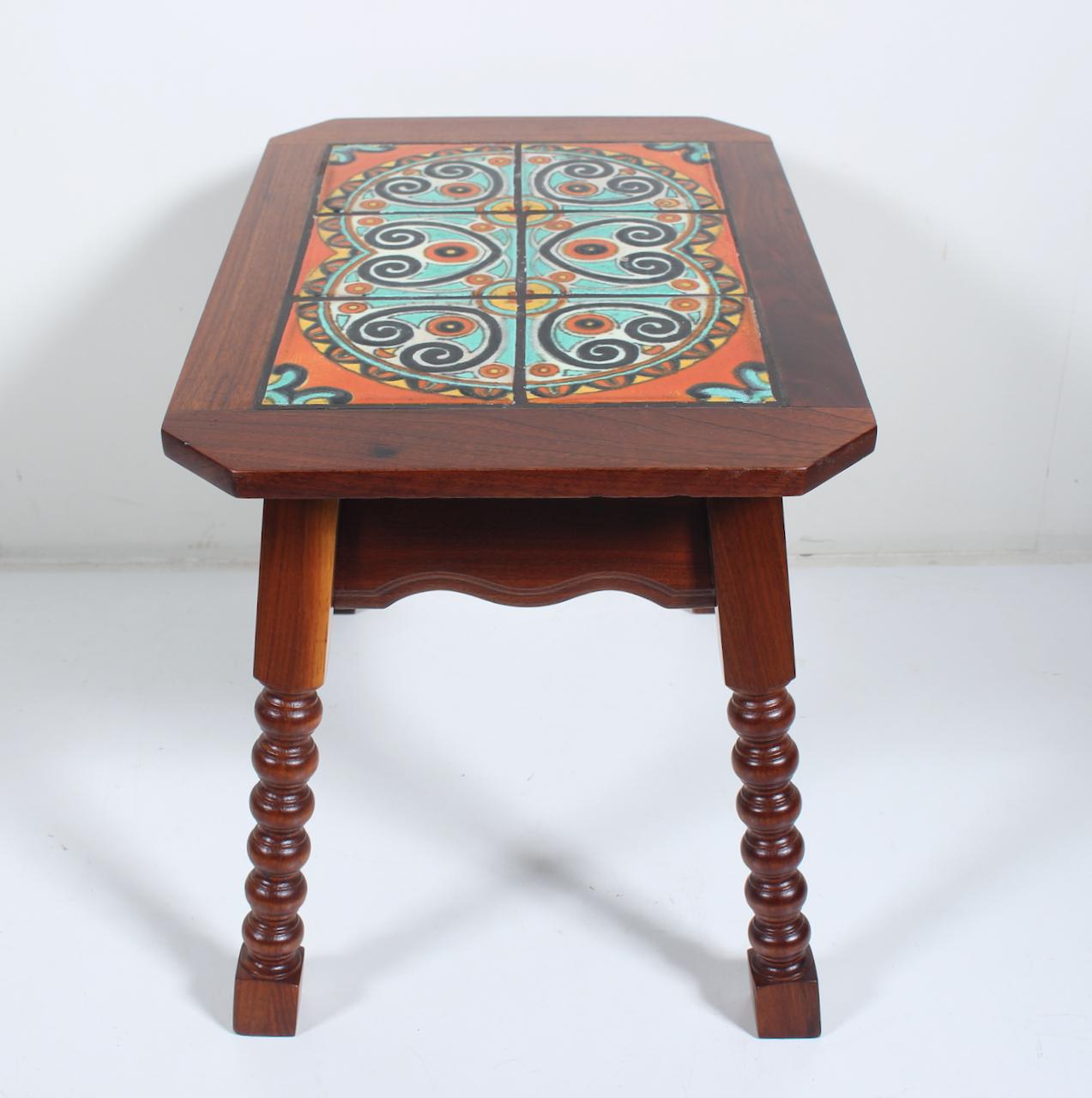 Ceramic Catalina Style Spanish Turquoise & Orange Tile, Oak & Walnut End Table, C. 1920s For Sale