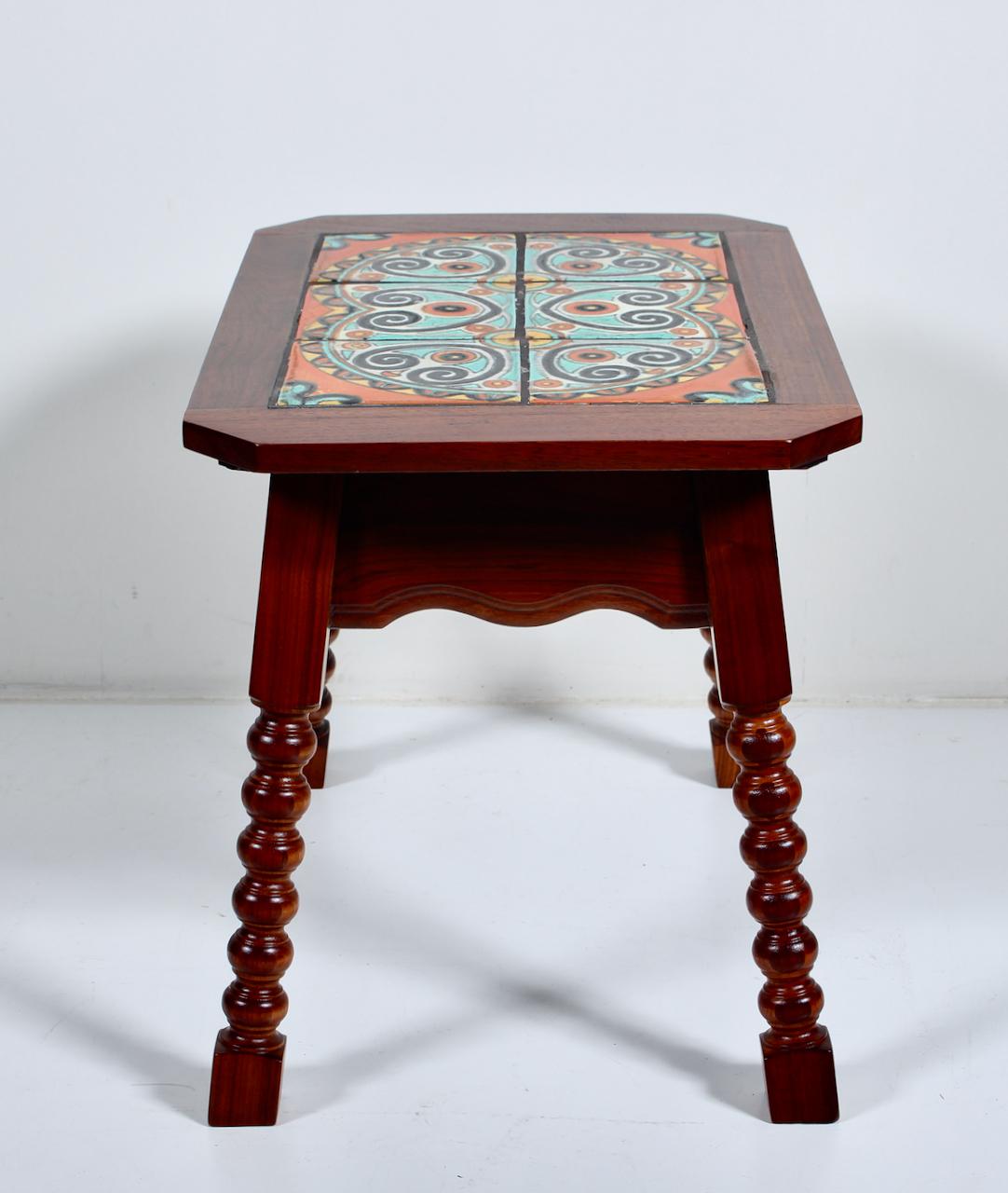 Catalina Style Spanish Turquoise & Orange Tile, Oak & Walnut End Table, C. 1920s For Sale 1