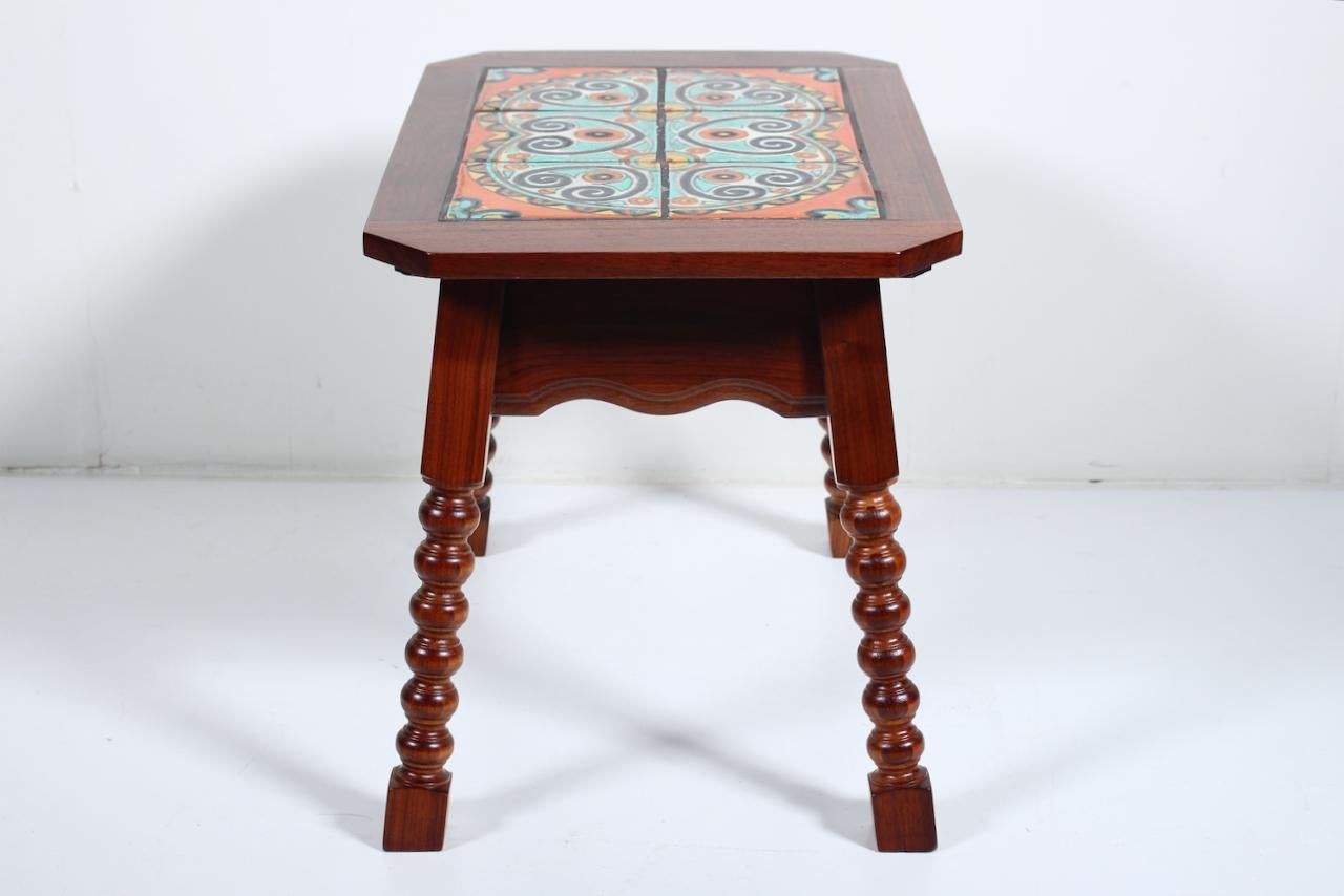 Catalina Style Spanish Turquoise & Orange Tile, Oak & Walnut End Table, C. 1920s For Sale 2