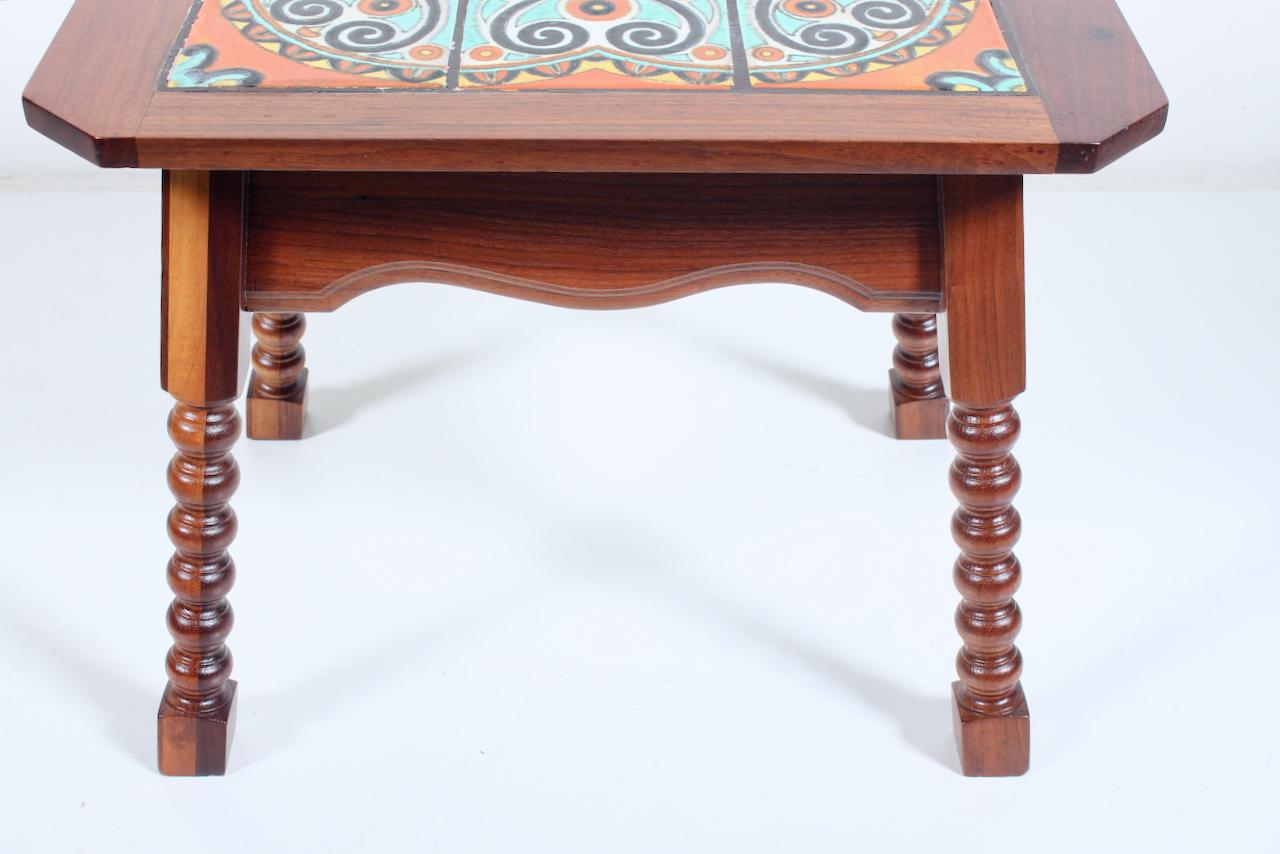 Catalina Style Spanish Turquoise & Orange Tile, Oak & Walnut End Table, C. 1920s For Sale 3