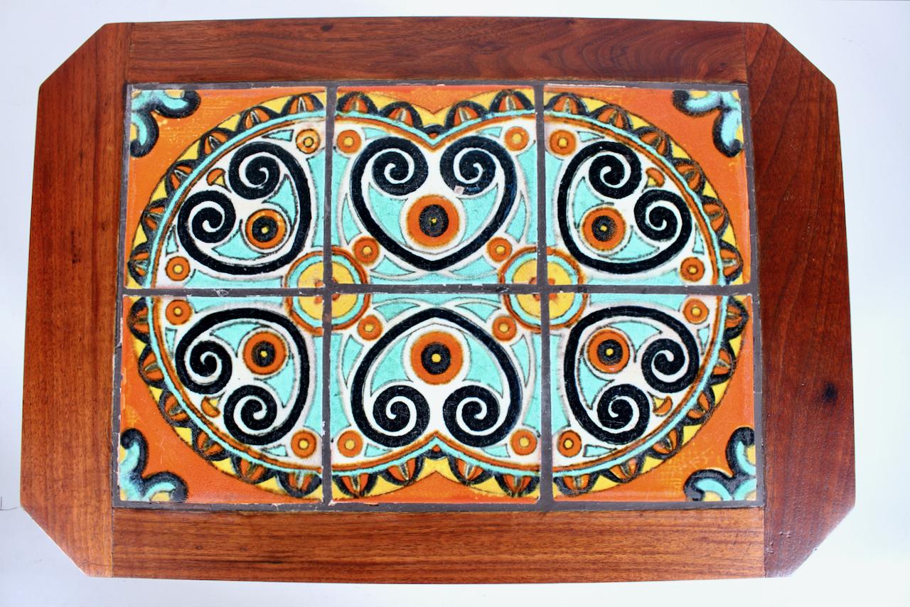 Catalina Style Spanish Turquoise & Orange Tile, Oak & Walnut End Table, C. 1920s For Sale 5