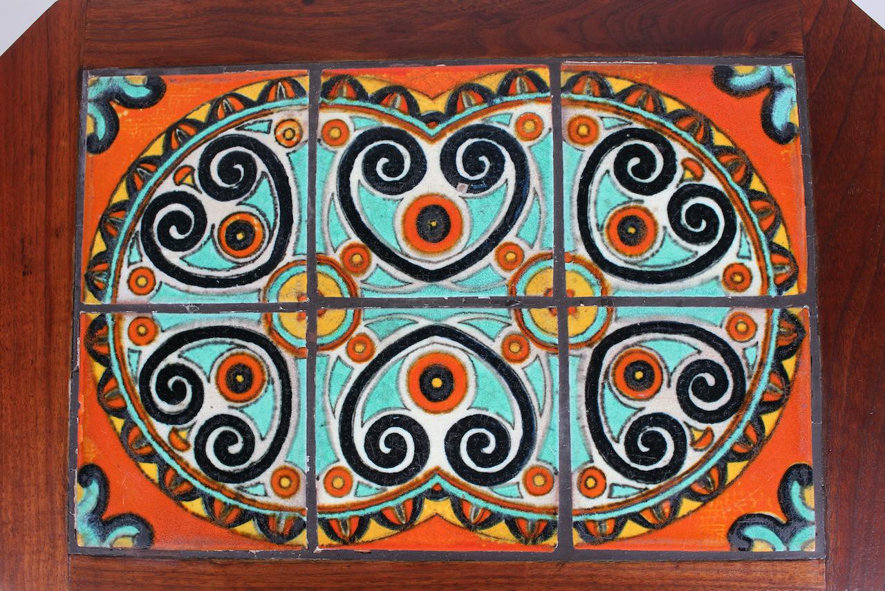 Catalina Style Spanish Turquoise & Orange Tile, Oak & Walnut End Table, C. 1920s For Sale 6