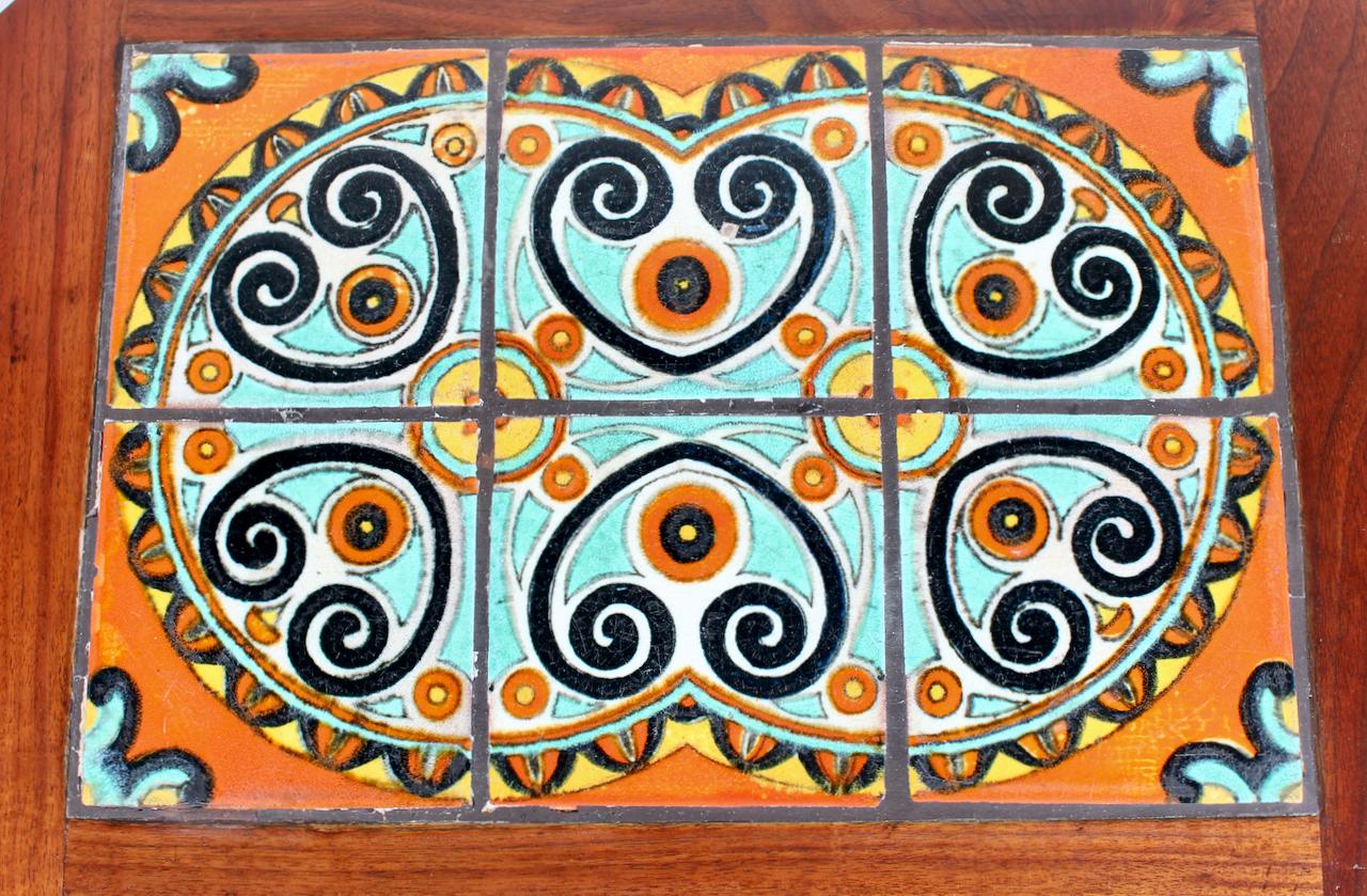 Catalina Style Spanish Turquoise & Orange Tile, Oak & Walnut End Table, C. 1920s For Sale 7